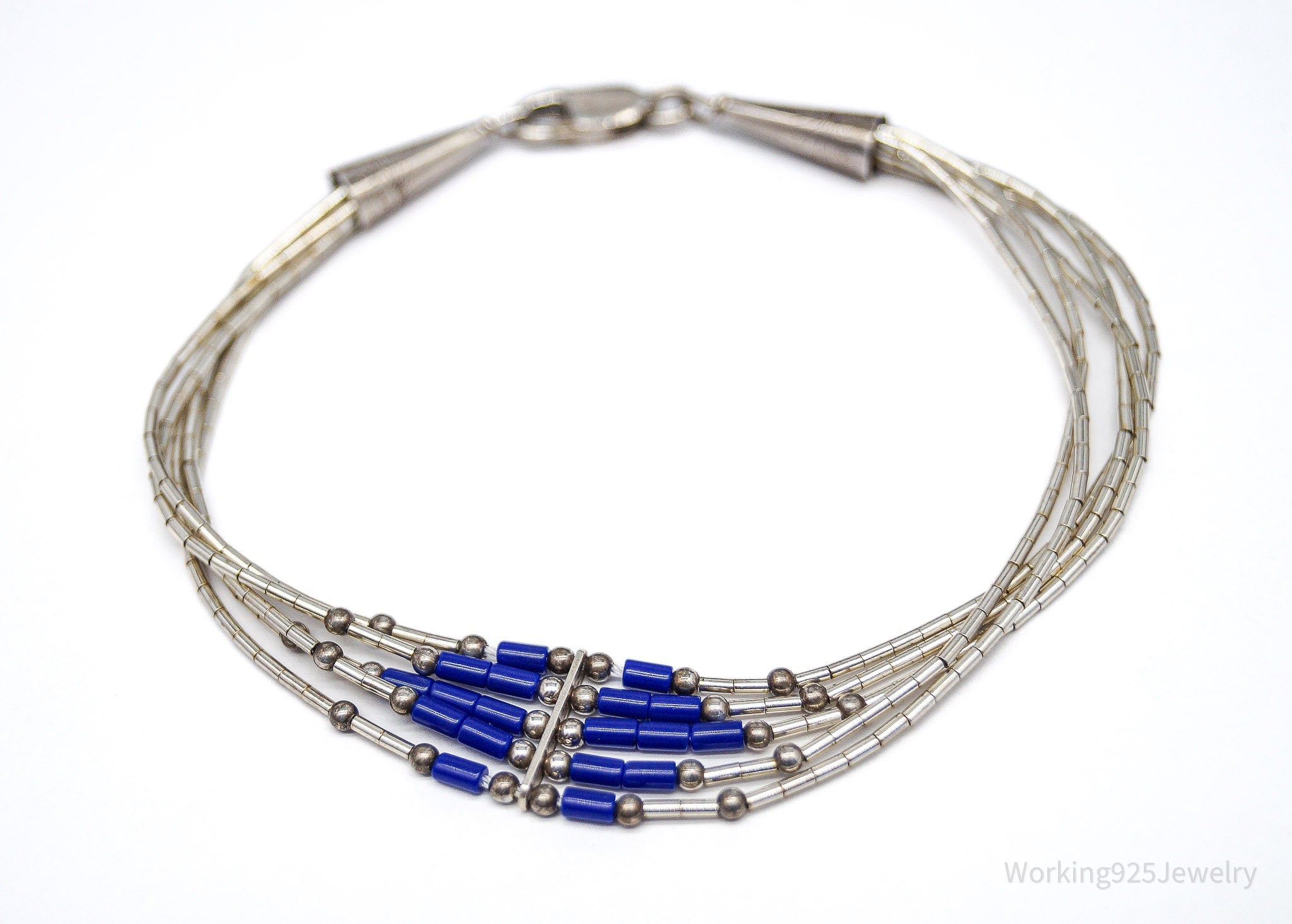 Vintage Handmade Native American Lapis Lazuli Sterling Silver Bead Bracelet