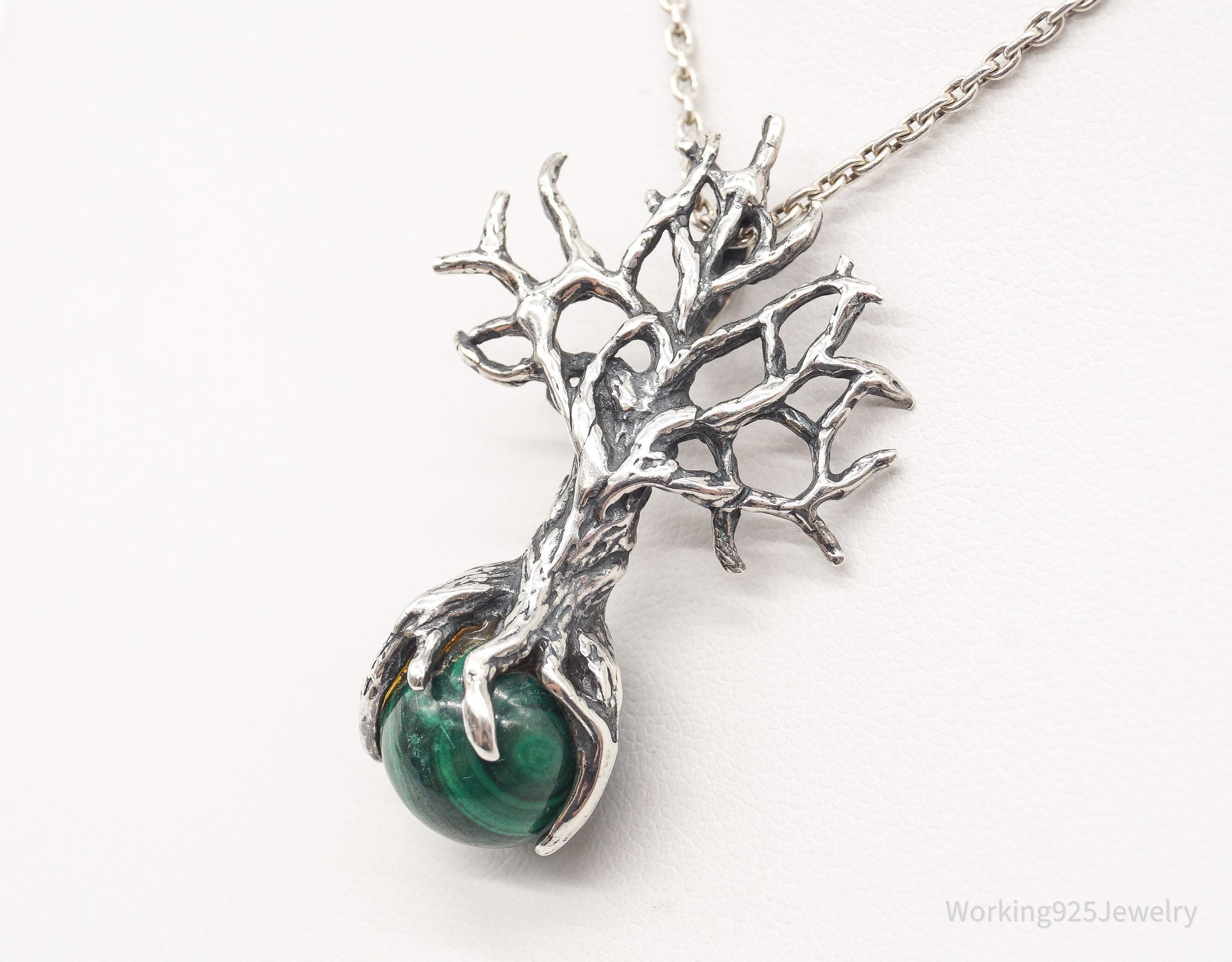 Vintage Tree Malachite Sterling Silver Necklace