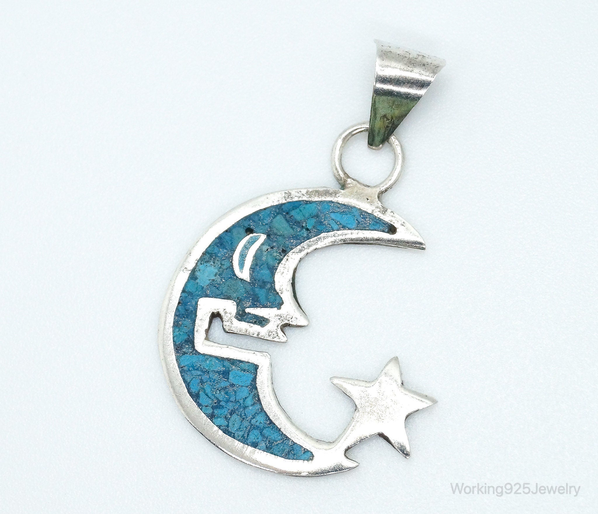 Large Vintage Mexico Turquoise Sterling Silver Moon Necklace Pendant