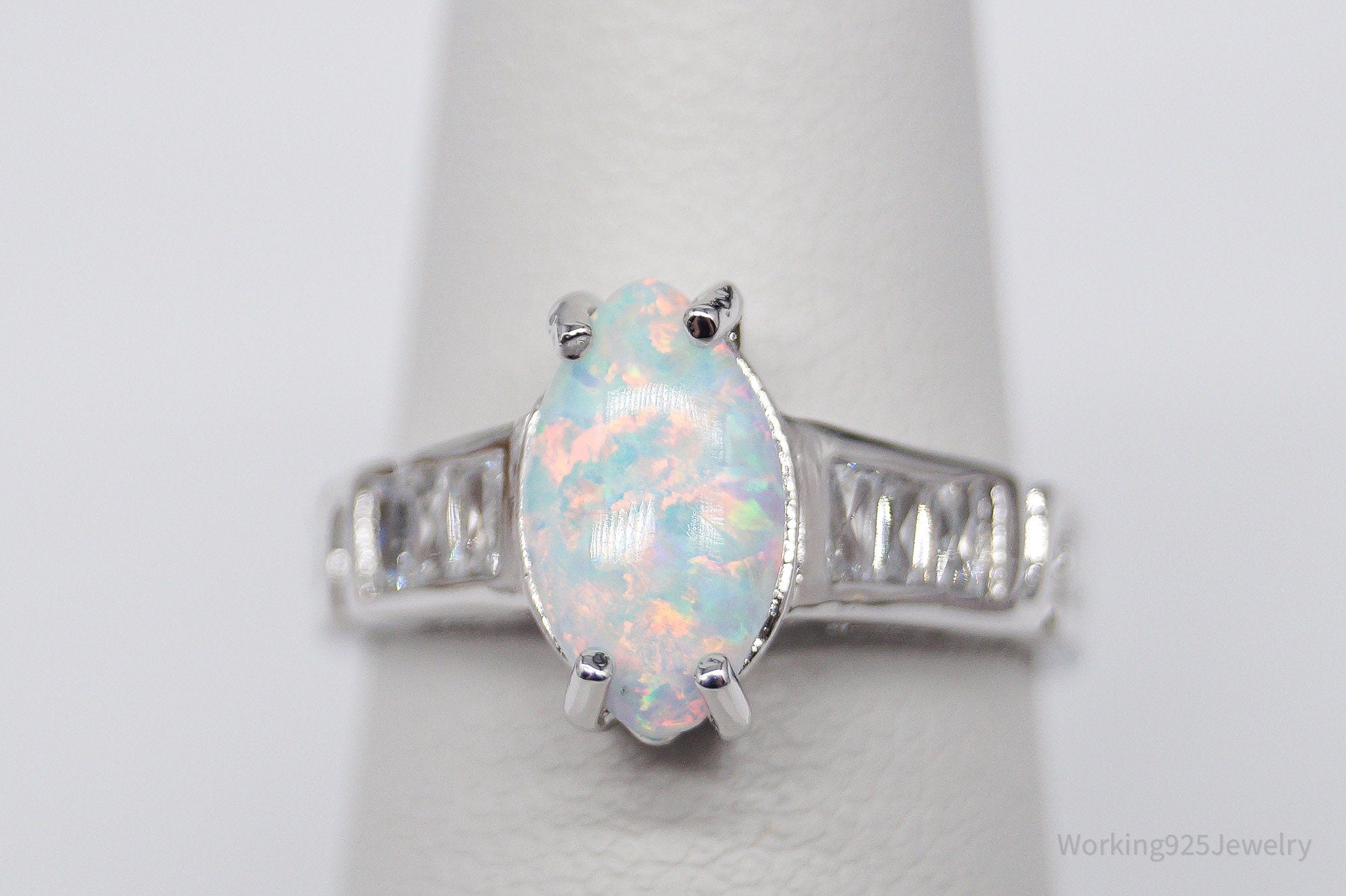 Vintage Opal & Cubic Zirconia Sterling Silver Ring - Size 5.75