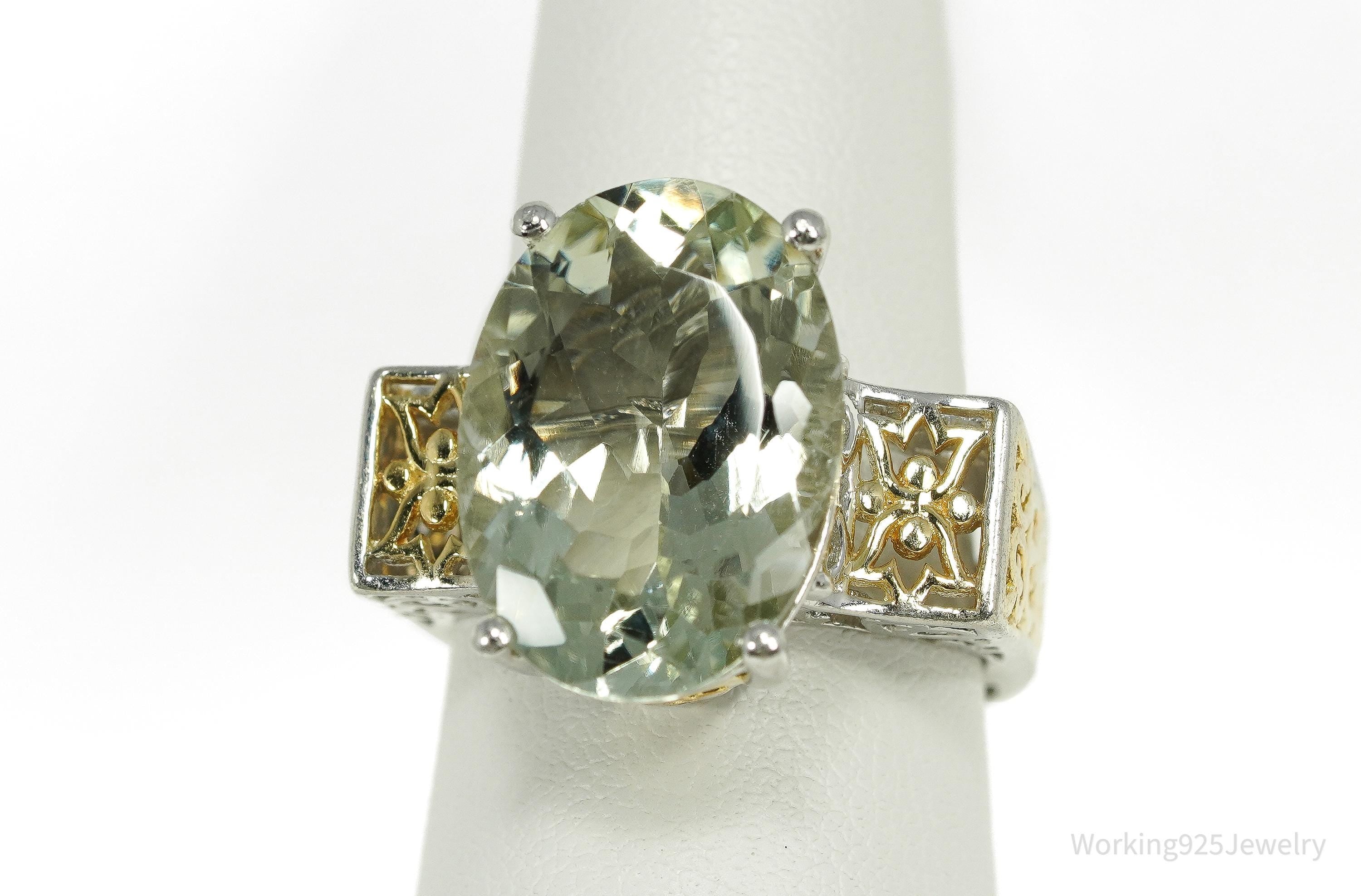 Vintage Chuck Clemency Large Prasiolite Gold Vermeil Sterling Silver Ring - Size 8.25