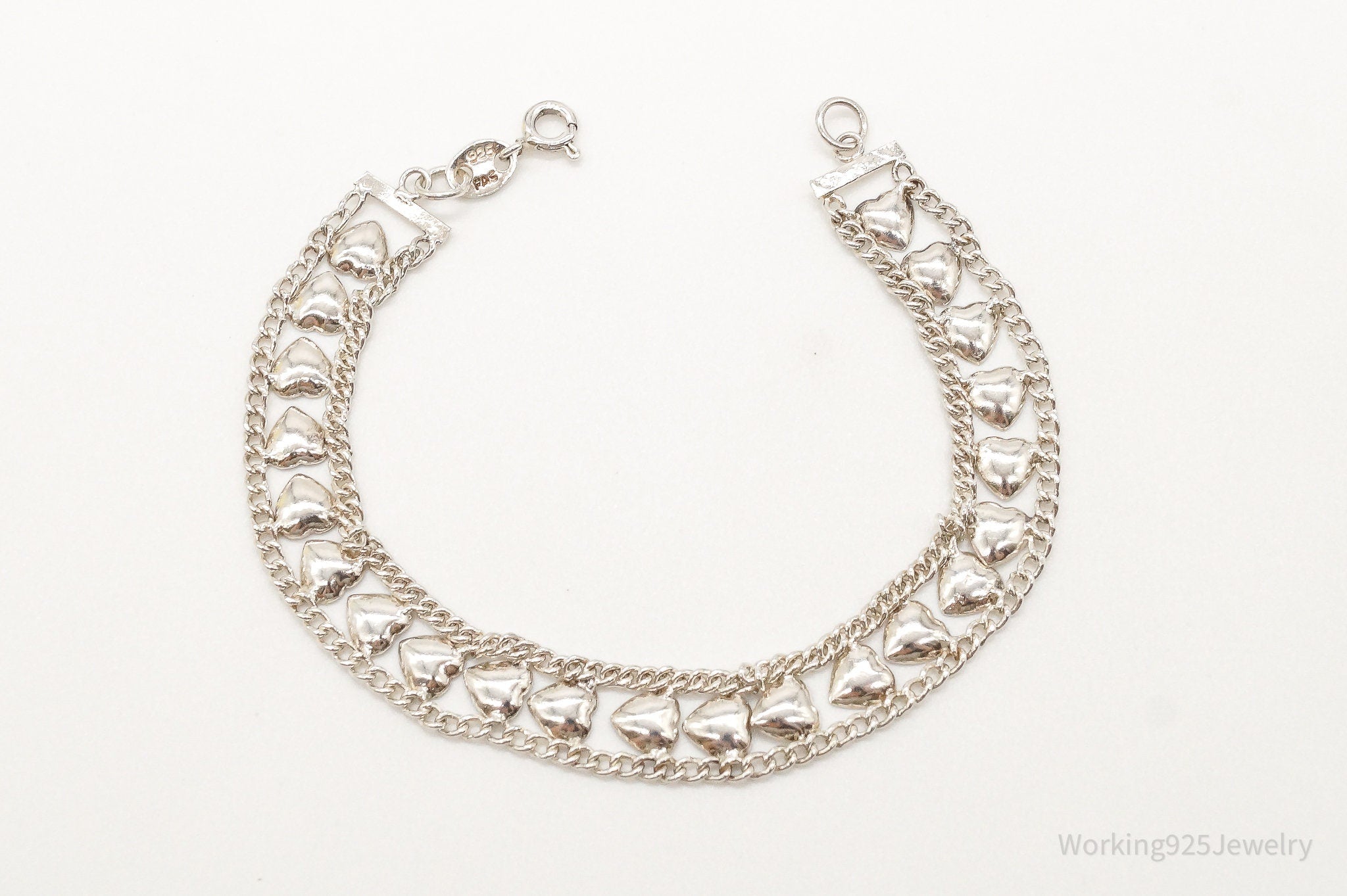 Vintage Designer FAS Hearts Chain Link Sterling Silver Bracelet