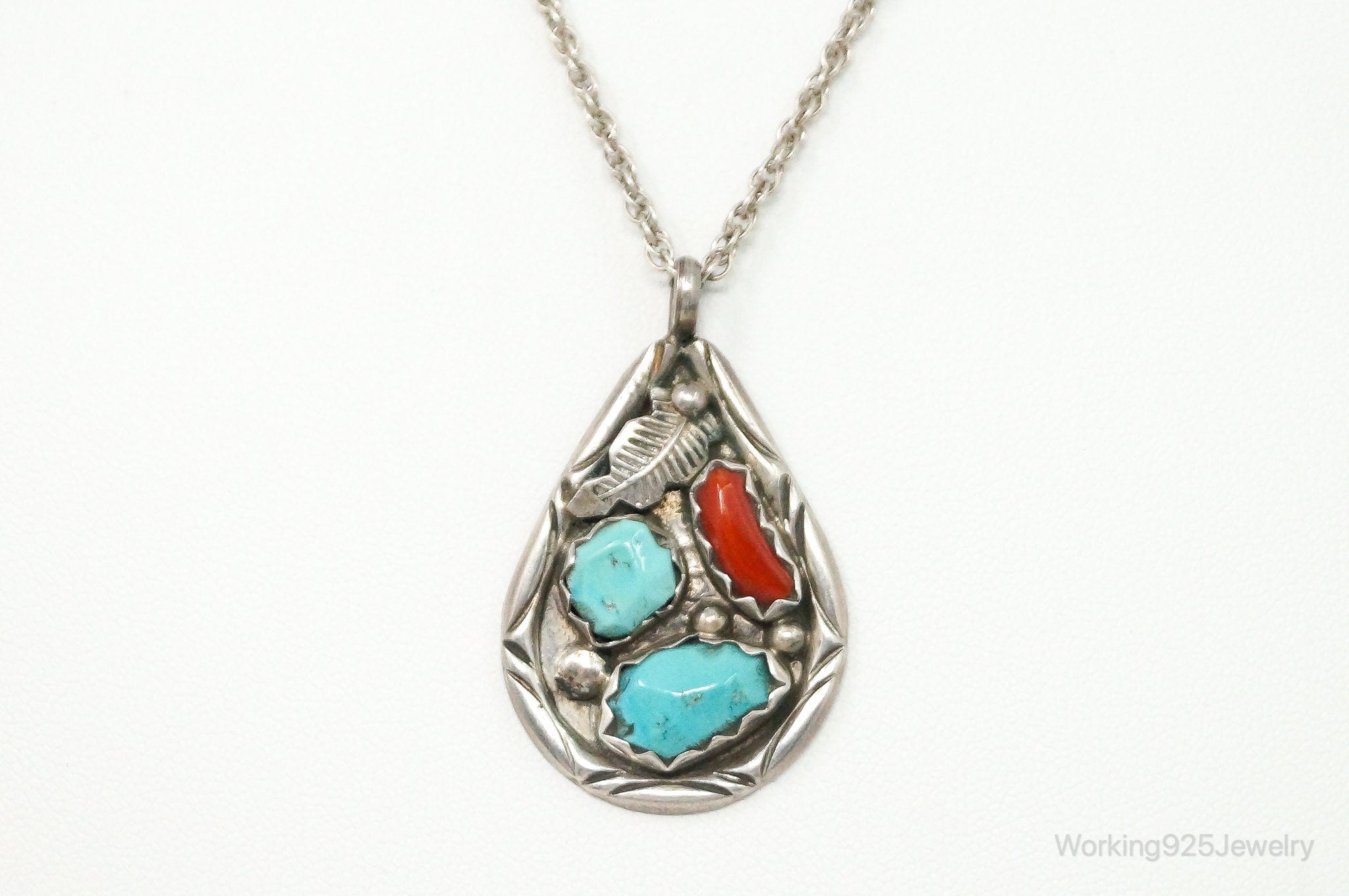 VTG Native American Afonso Penketewa Turquoise Coral Sterling Silver Necklace