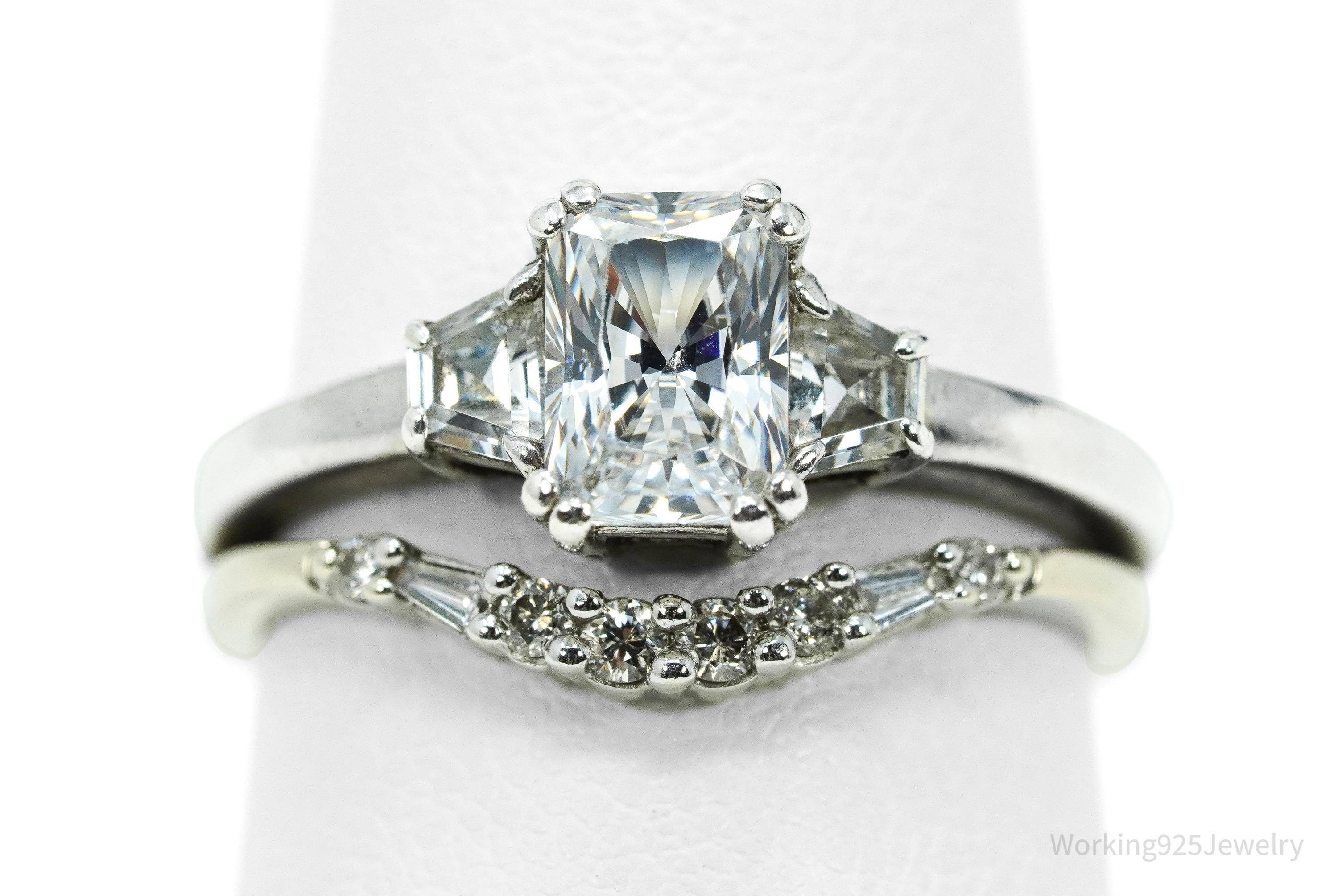 Vintage Cubic Zirconia With Bottom Row Diamond Sterling Silver Ring - Size 6.75