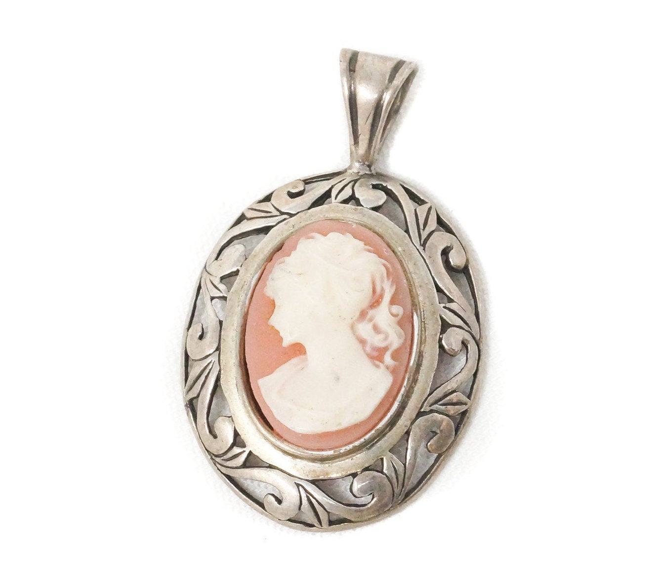 Vtg Designer Jolaine Carved Cameo Shell Woman Sterling Silver Necklace Pendant