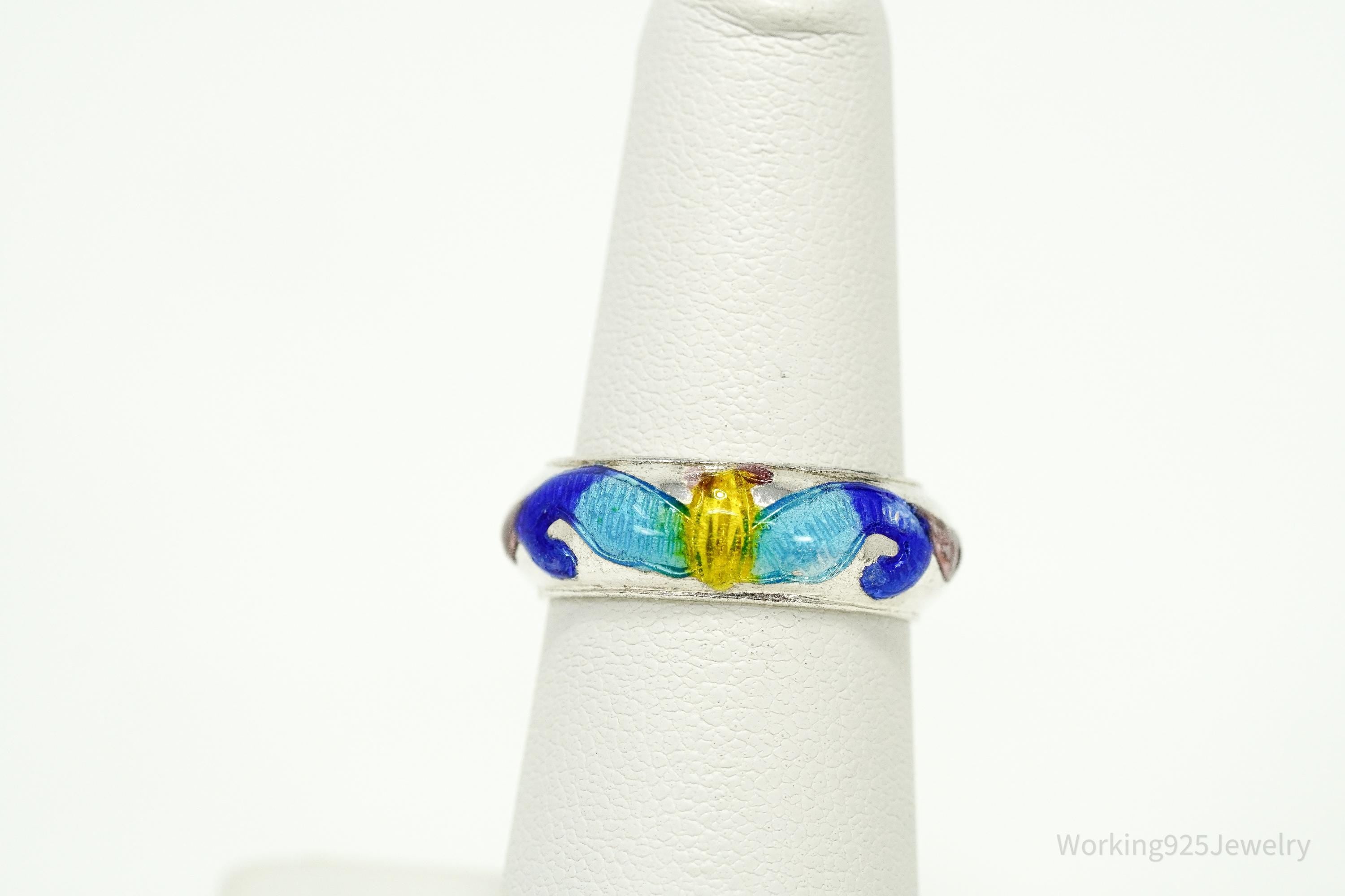 Vintage Enamel Silver Band Ring Size 6.25