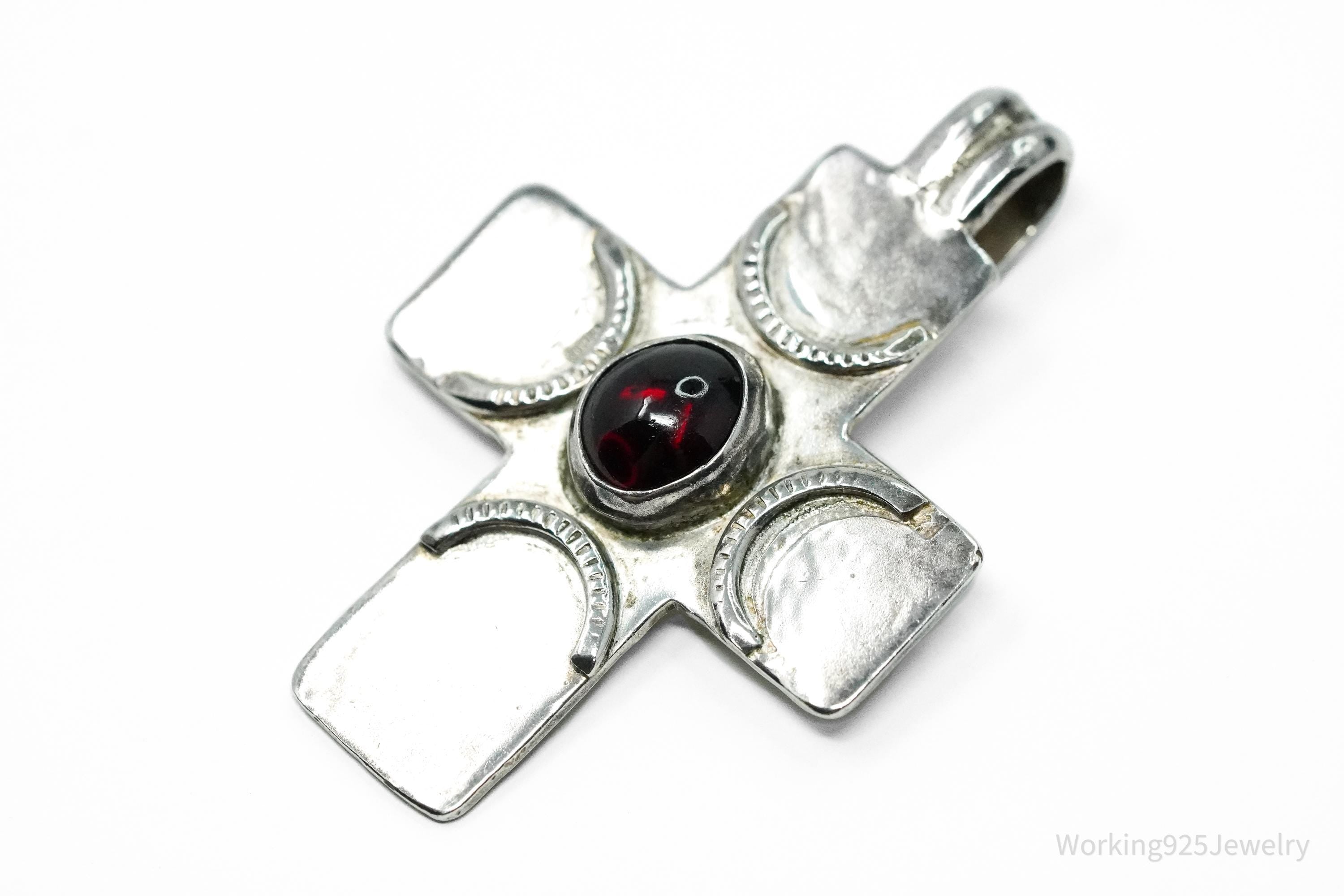 Large Vintage Rhodolite Garnet Silver Cross Pendant
