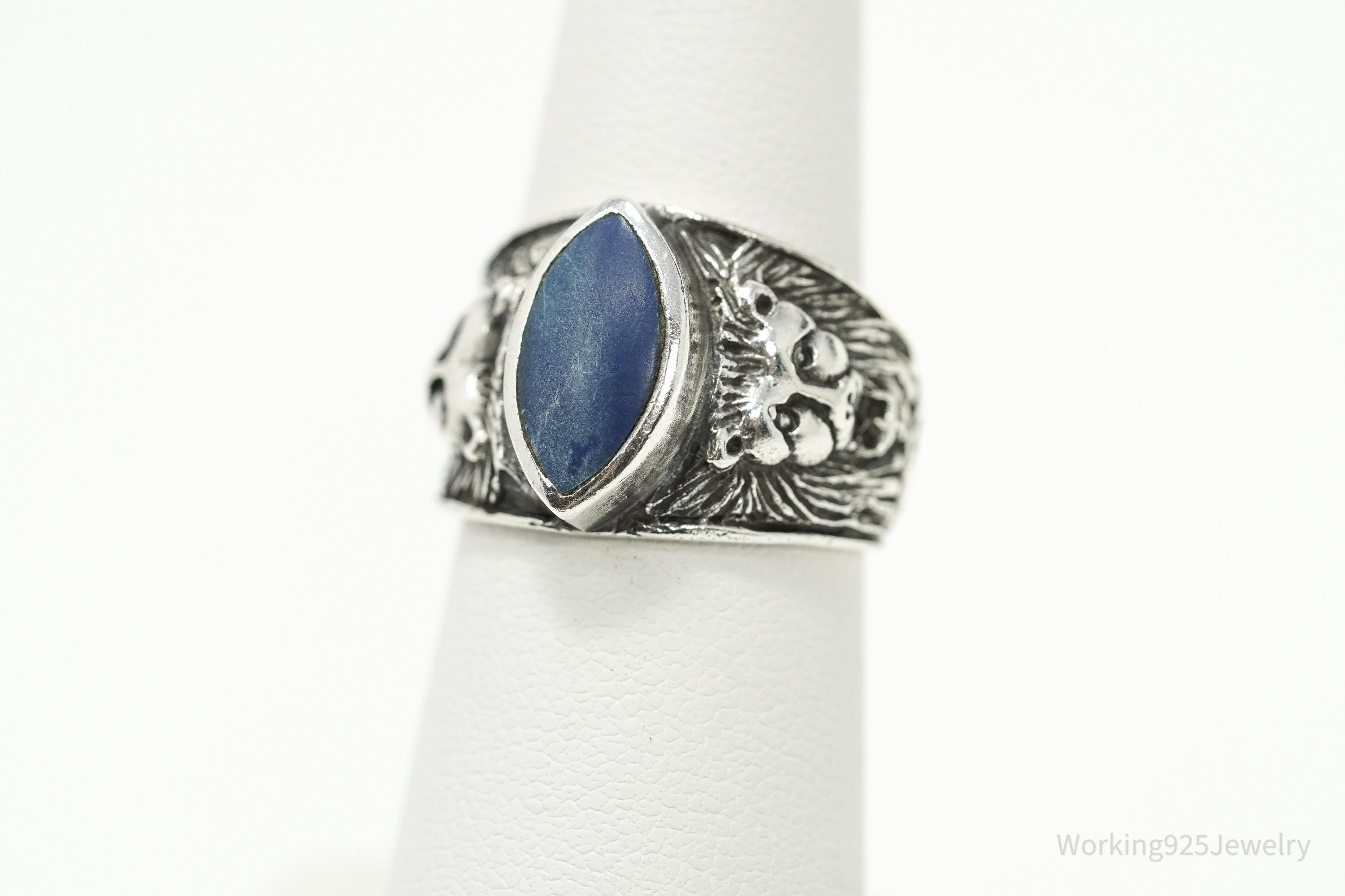 Vintage Blue Lapis Lazuli Lion Head Sterling Silver Ring - Size 6.5