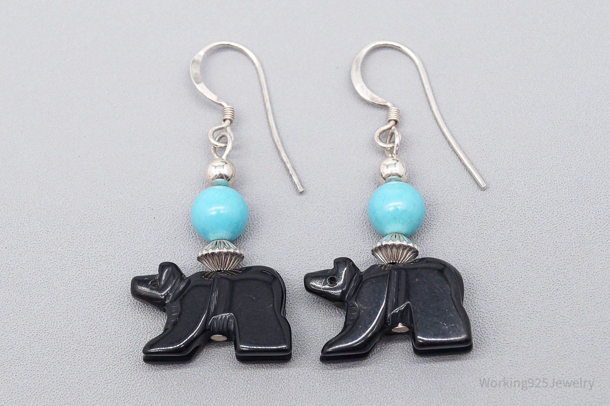 Vintage Turquoise & Carved Black Onyx Bears Sterling Silver Earrings