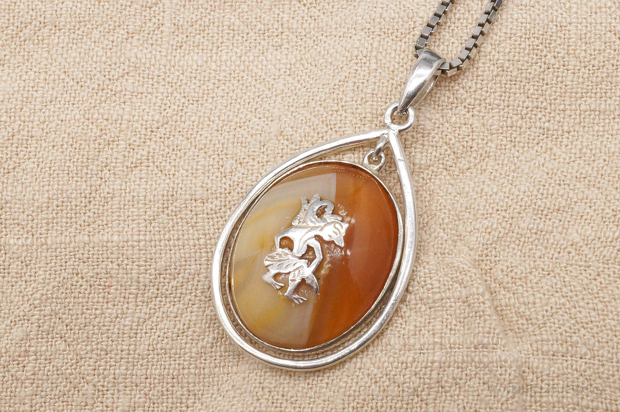 Vintage Large Orange Agate Sterling Silver Necklace 24"