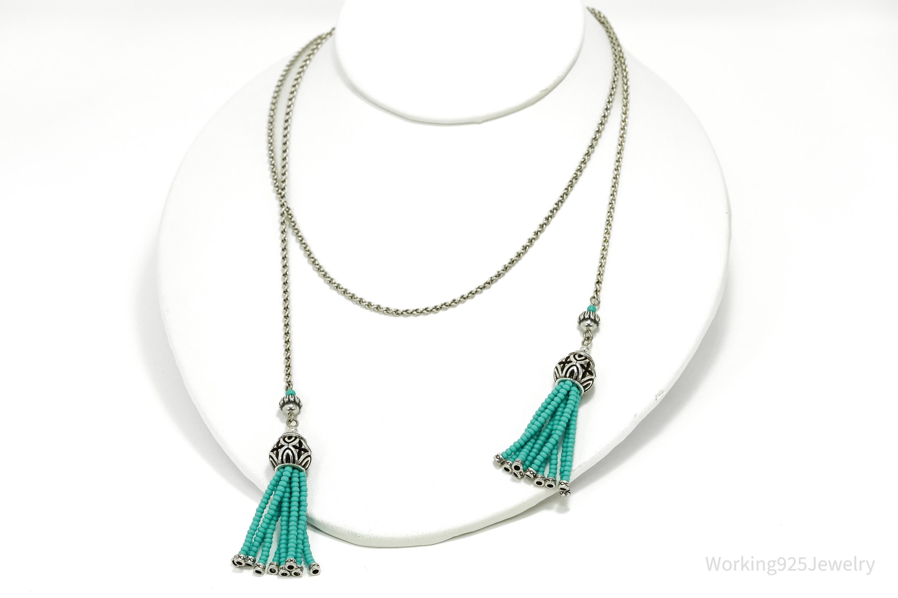 Long Vintage Turquoise Beaded Silver Chain Necklace 44"