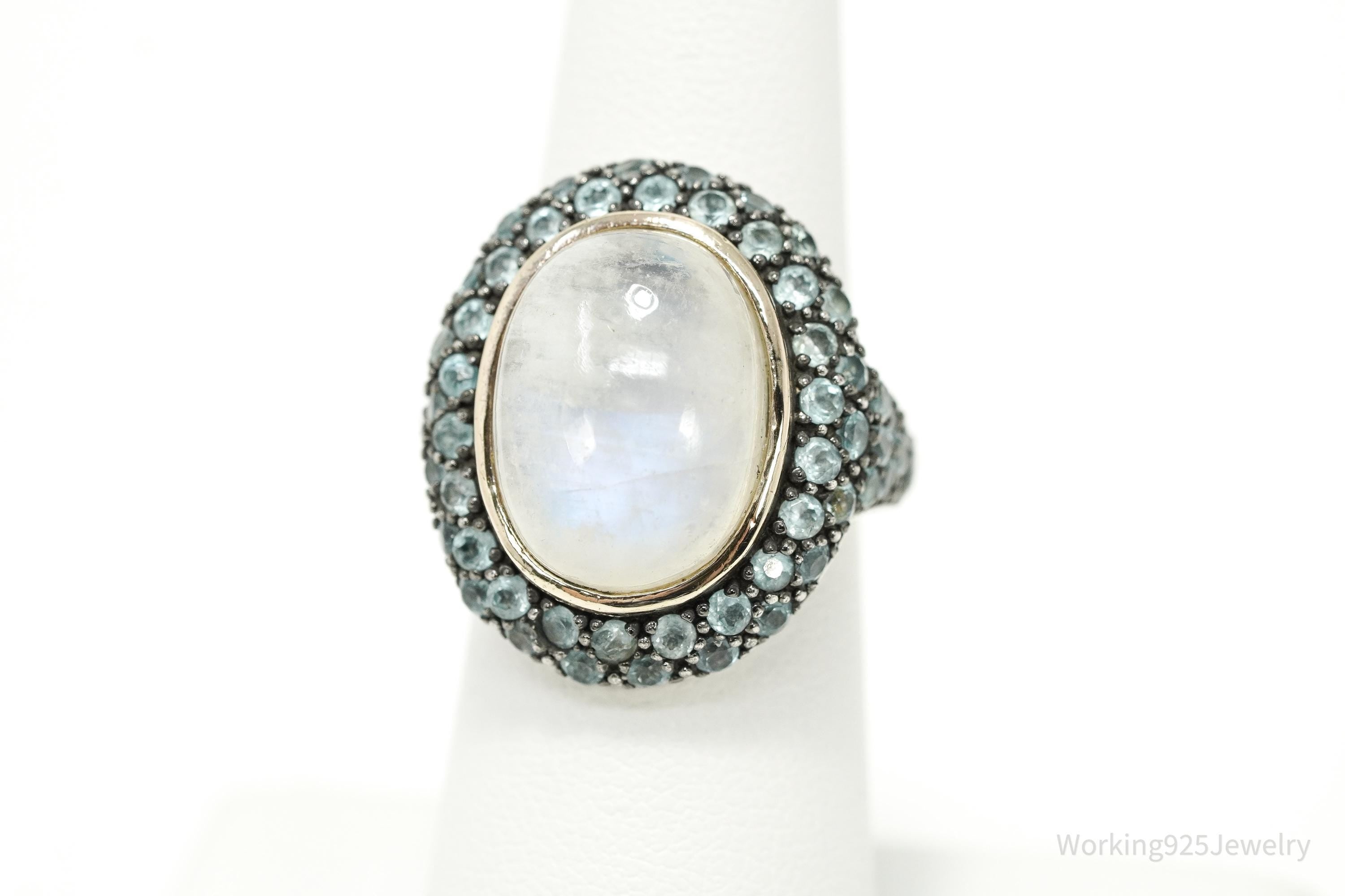 Vintage White Labradorite Moonstone & Blue Topaz 14K Sterling Silver Ring 5.75