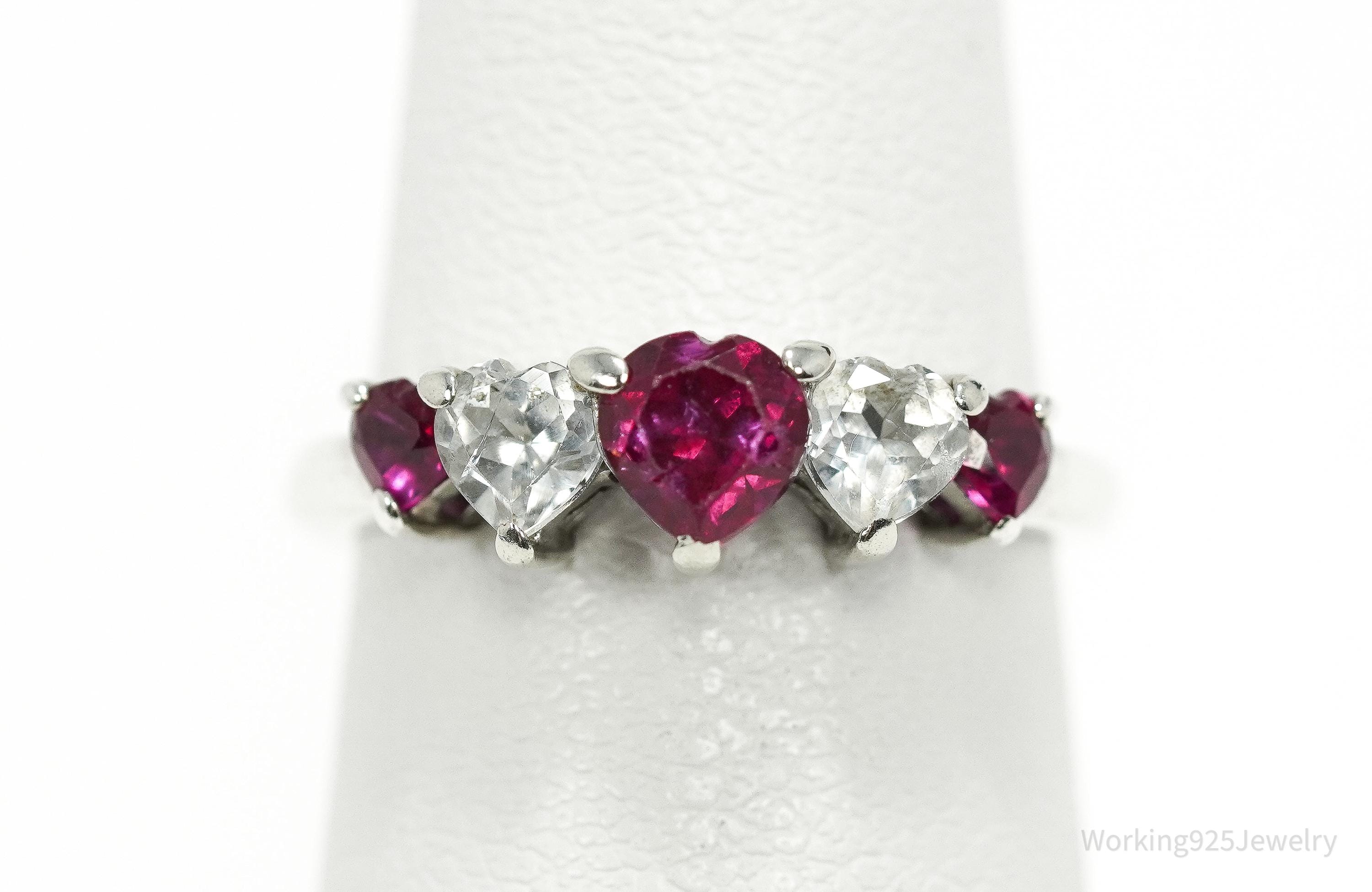 Vintage Ruby & White Topaz Hearts Sterling Silver Ring - Size 5.5