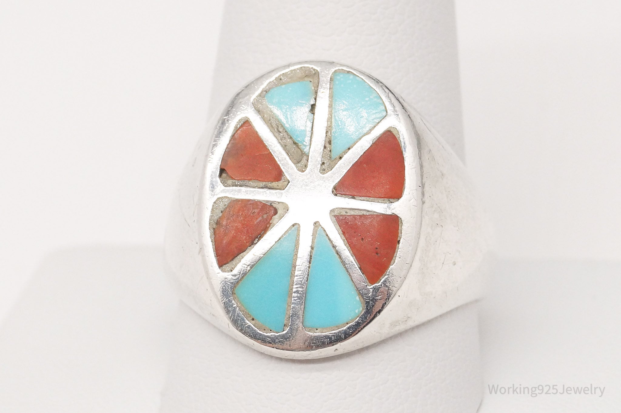 Vintage Native American Turquoise Coral Inlay Silver Ring - Size 11