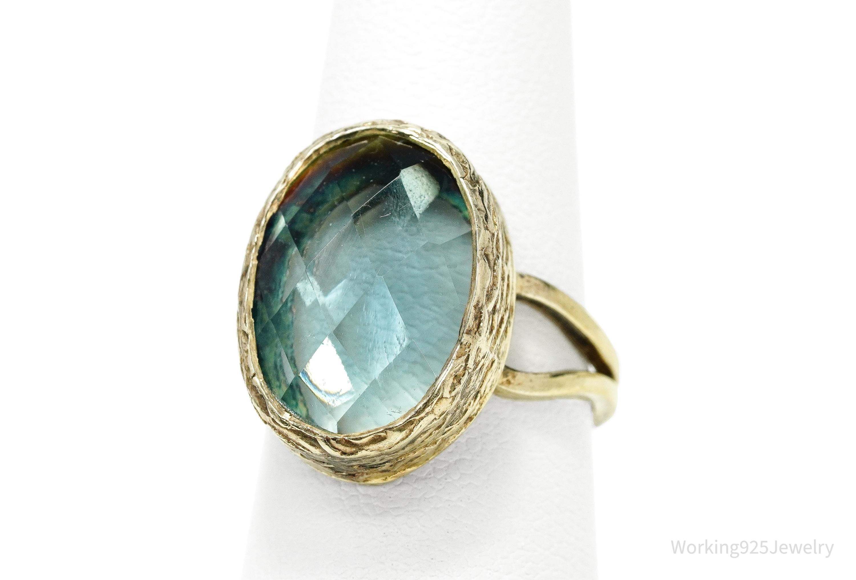 Vintage Blue Stone Gold Vermeil Sterling Silver Ring - Size 6.75 Adjustable