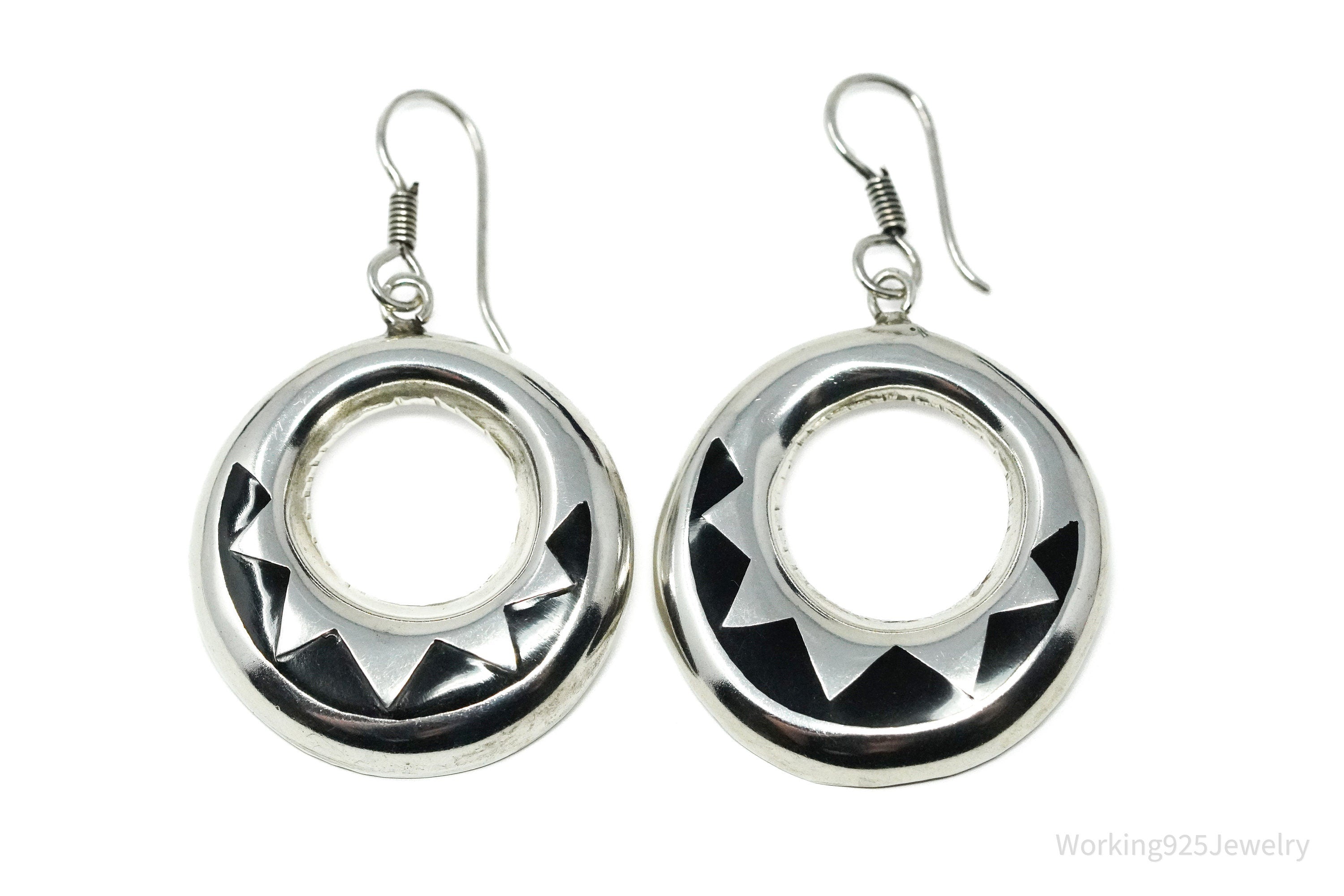 Vintage Taxco Mexico Onyx Inlay Sterling Silver Earrings 2"