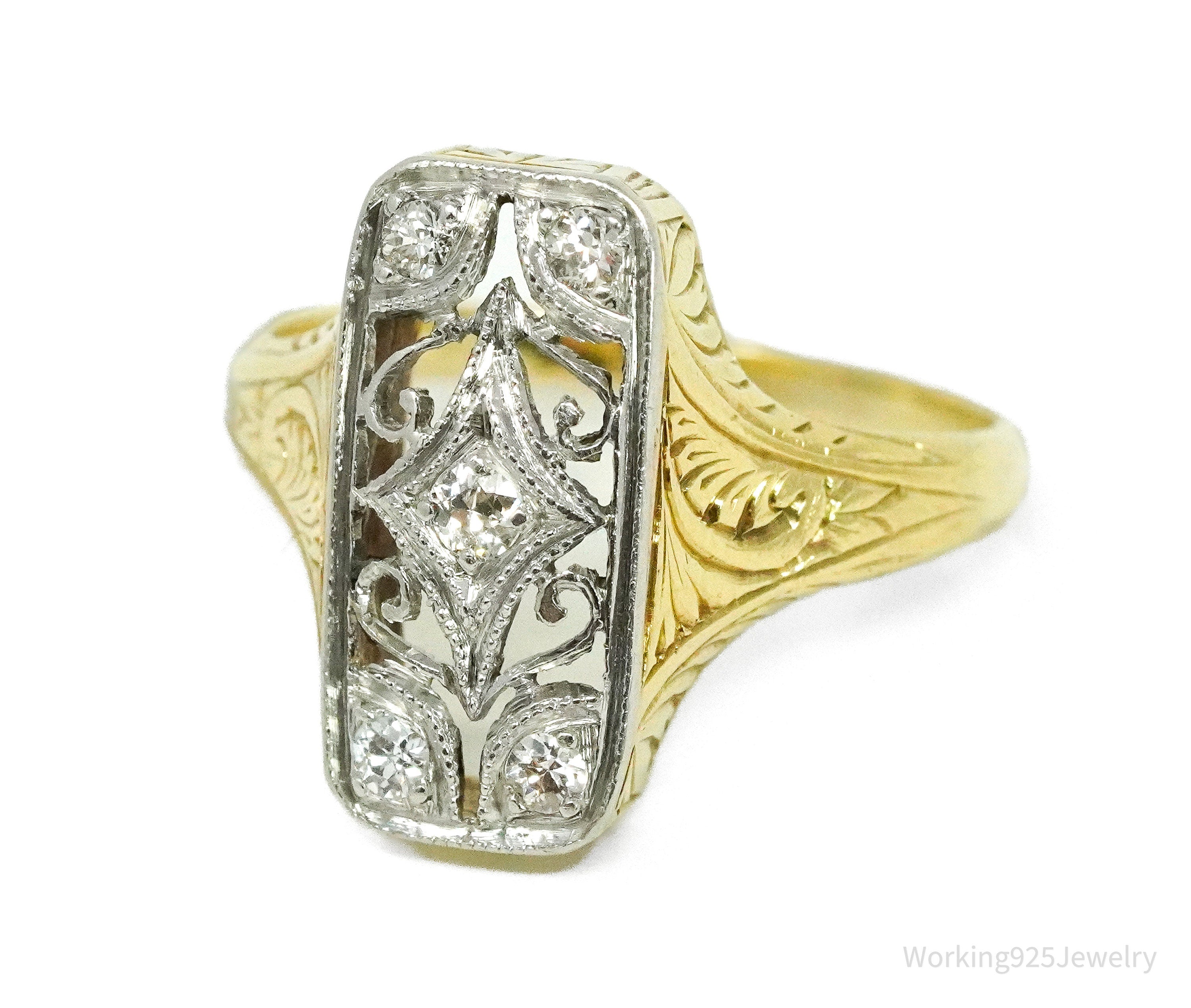1920s 14k Yellow Gold & Platinum European Cut Diamond Ring - Size 5 1/4
