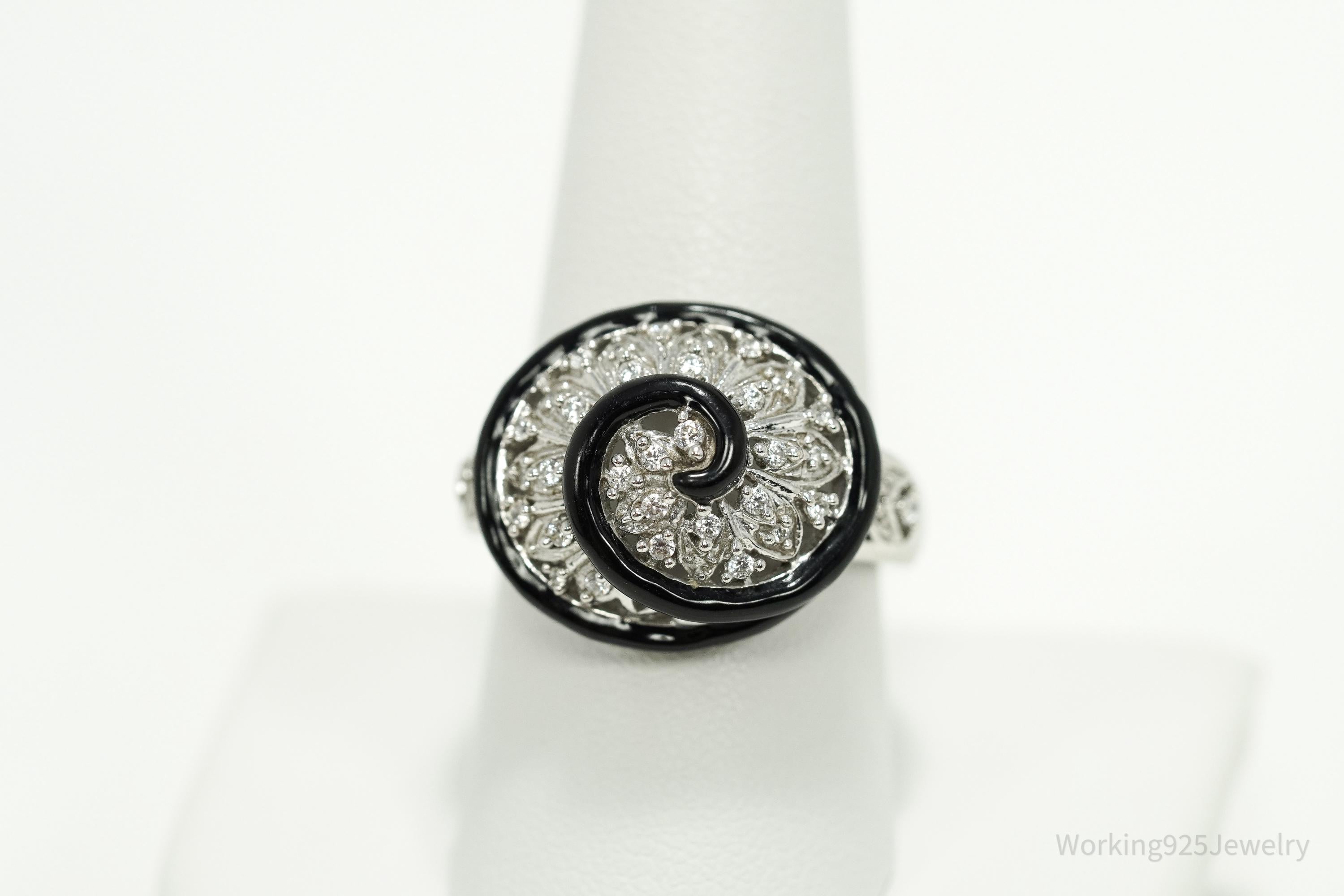 Vintage Designer Cubic Zirconia & Enamel Spiral Sterling Silver Ring - Size 9