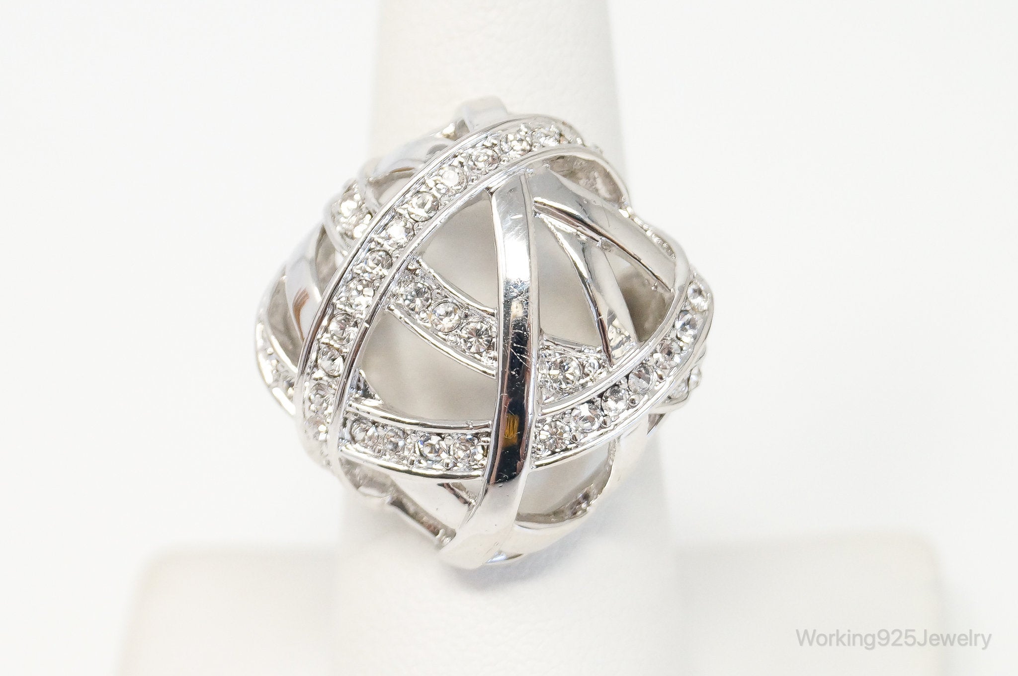 Vintage Silver Enamel Crystals Art Deco Costume Ring Size 7