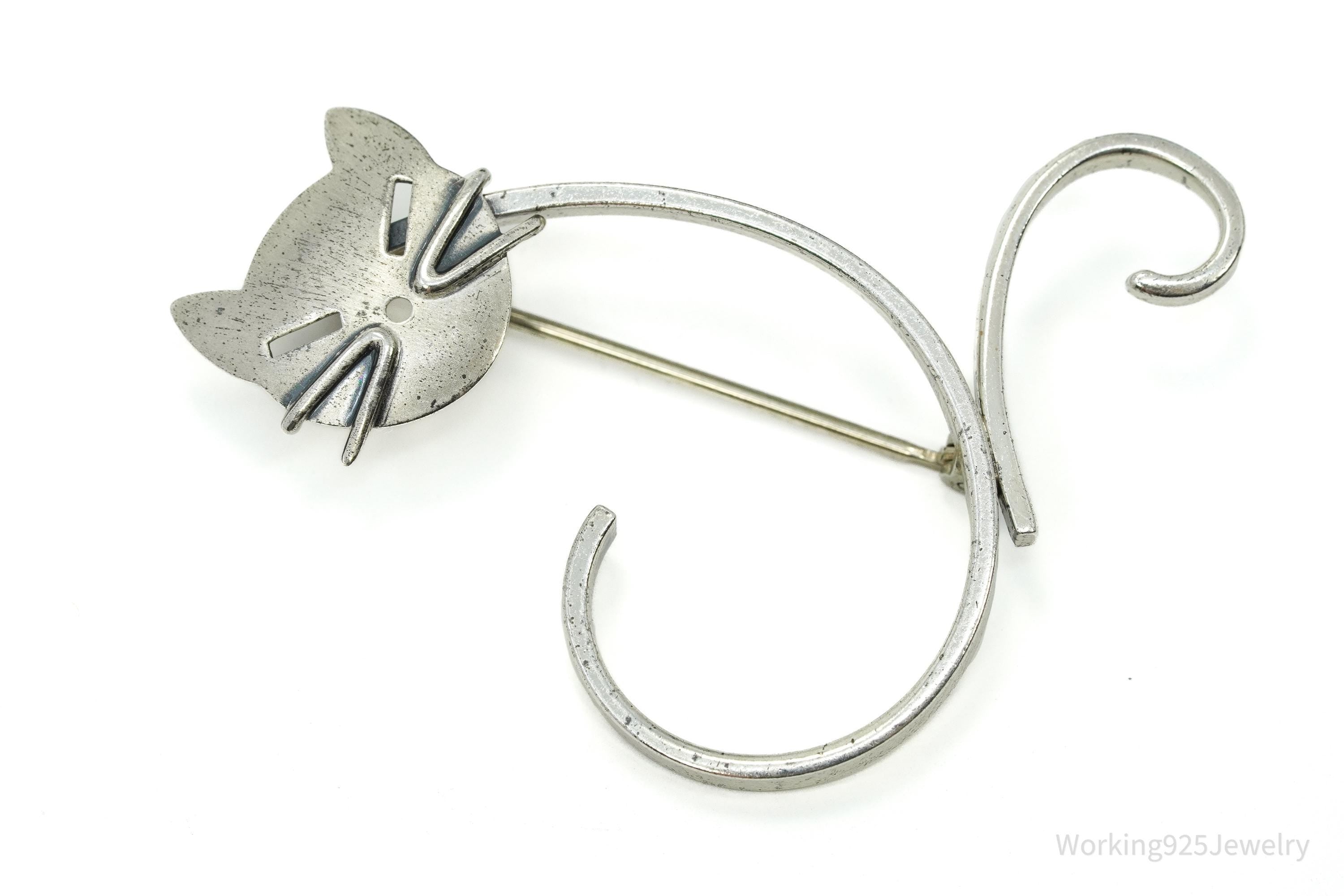 Rare Vintage BEAU Cat Kitten Sterling Silver Brooch Pin
