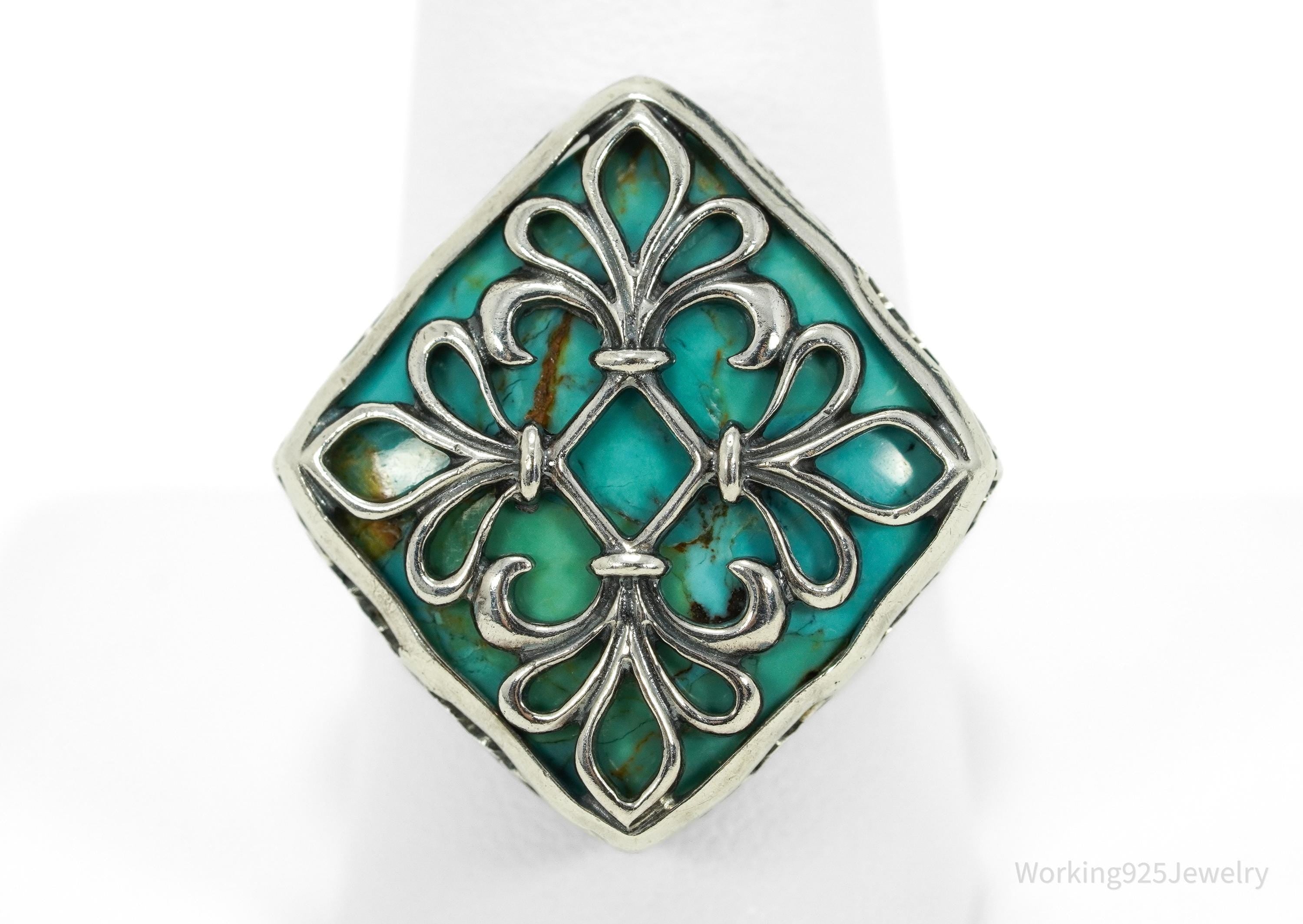 Vintage Caged Turquoise Sterling Silver Ring - Size 10
