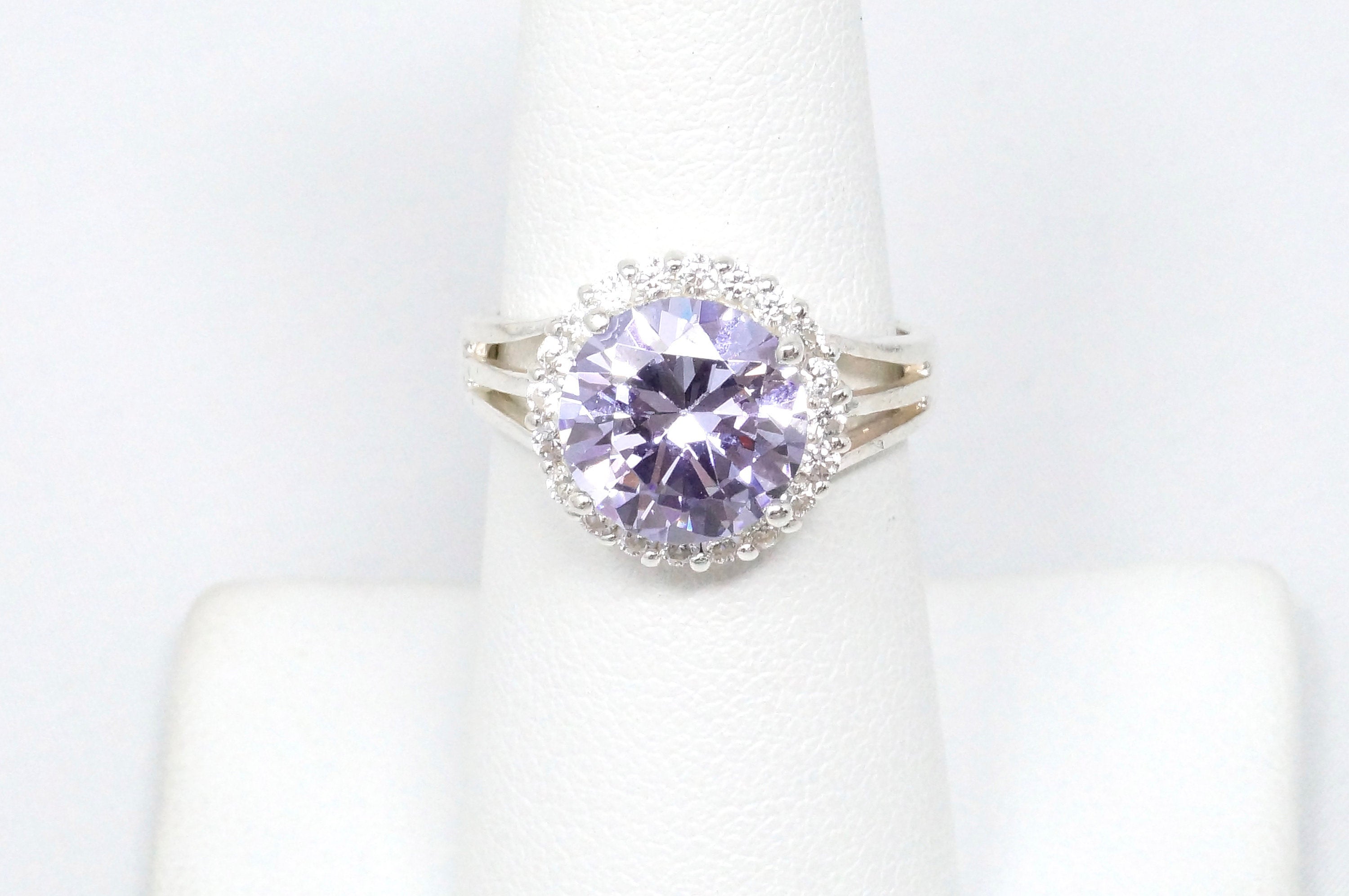 Vtg Art Deco Style Large Purple CZ Sterling Silver Statement Ring Sz 7