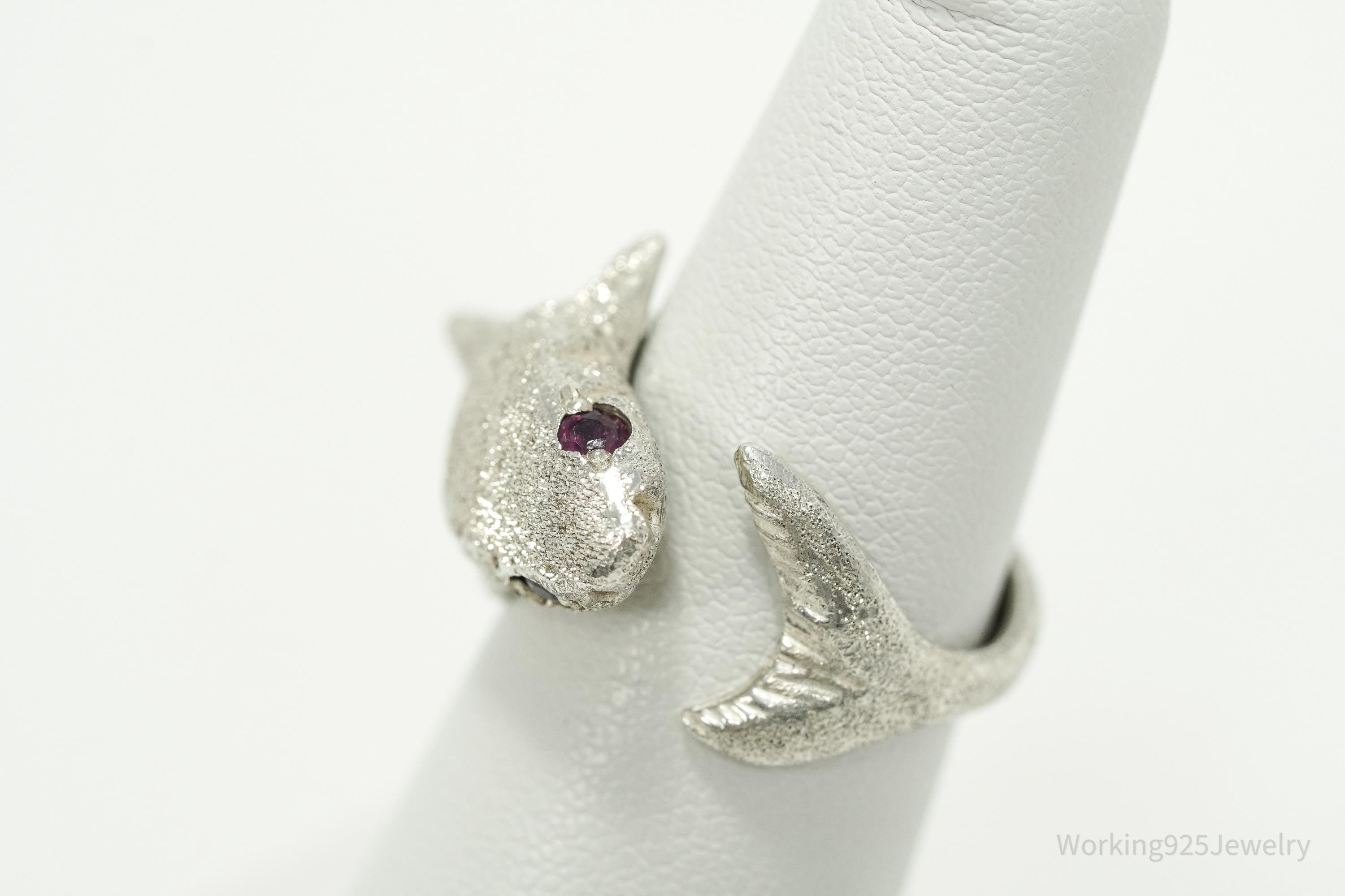 Vintage Ruby Eyed Shark Sterling Silver Wrap Ring - Size 6.25