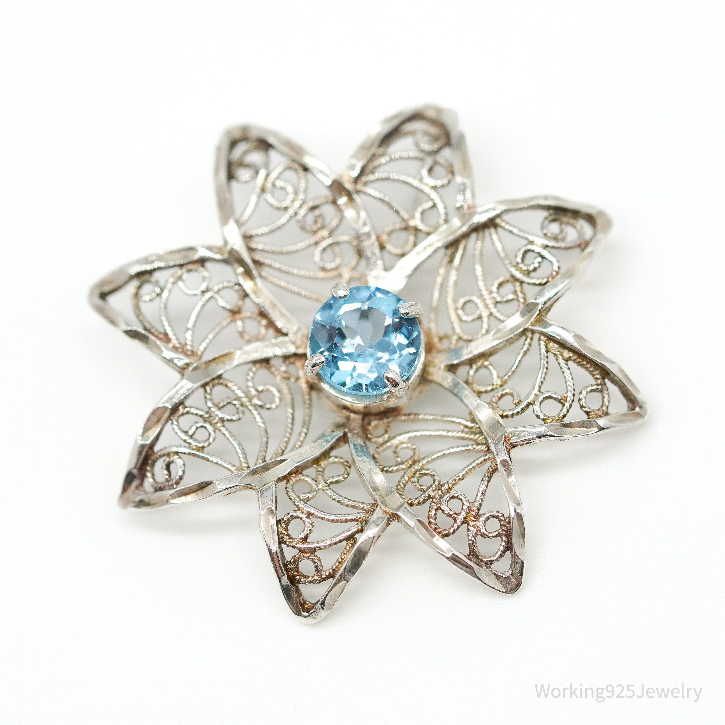 Vintage Ornate Blue Topaz Flower Sterling Silver Necklace Pendant