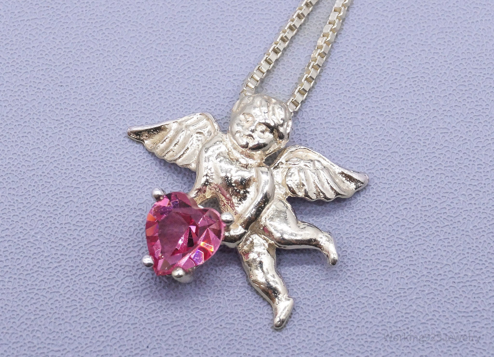 Vintage Angel Cherub Pink Gemstone Sterling Silver Necklace 18"