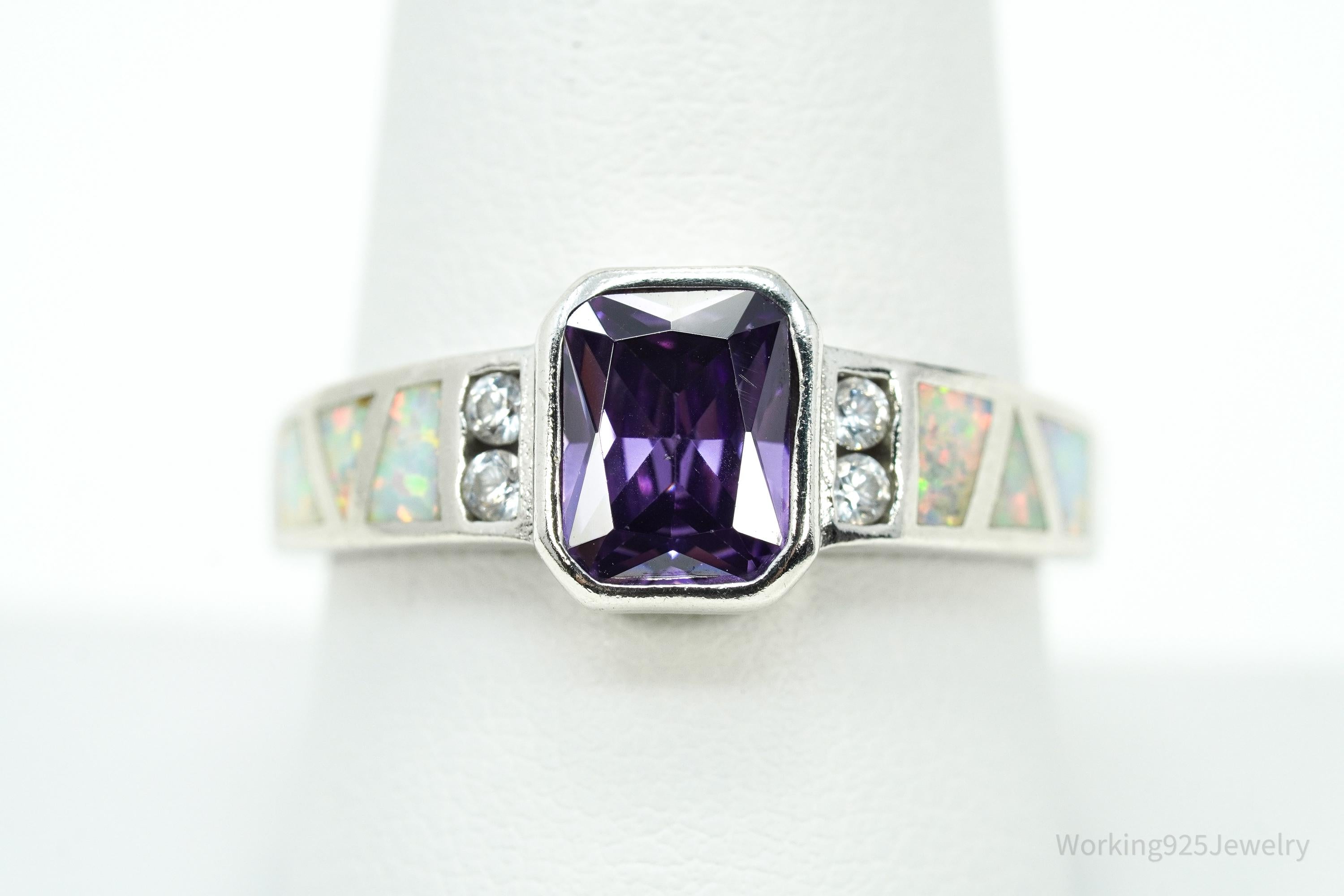 Vintage Amethyst Cubic Zirconia Opal Sterling Silver Ring - Size 8.75