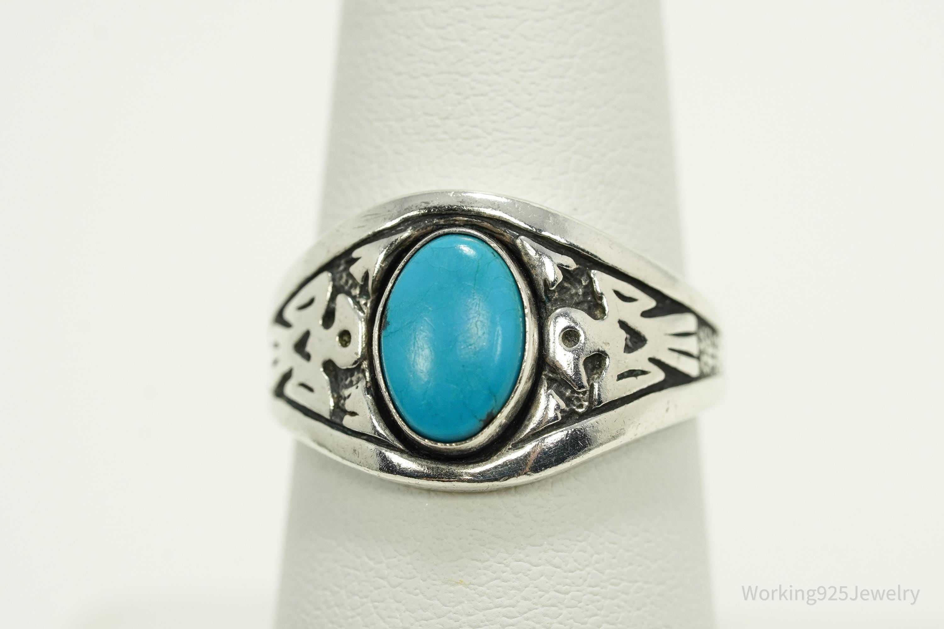 Vintage WMCO Turquoise ThunderBird Design Sterling Silver Ring - Size 8