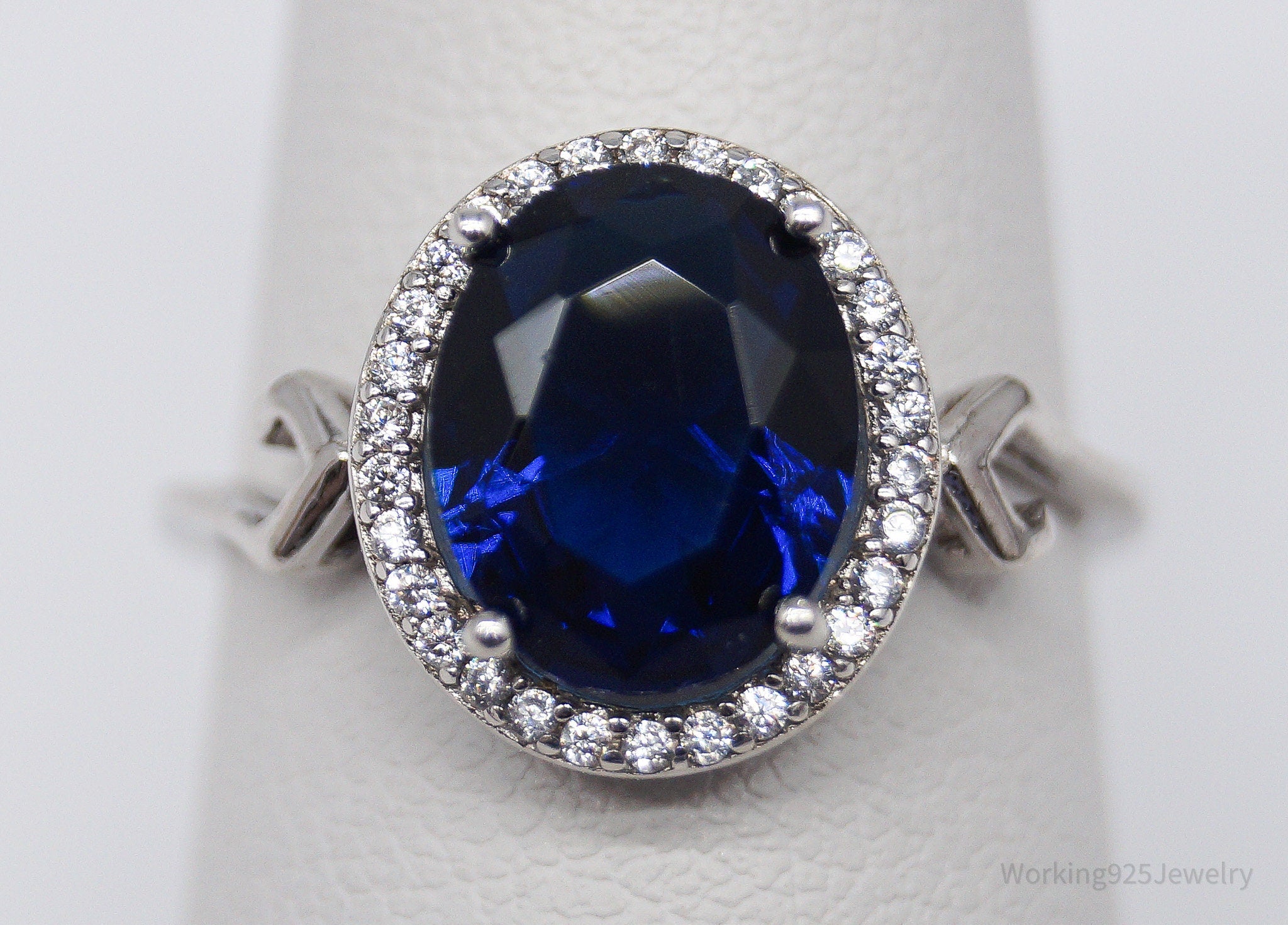 Vintage Lab Sapphire Cubic Zirconia Sterling Silver Ring - Size 7