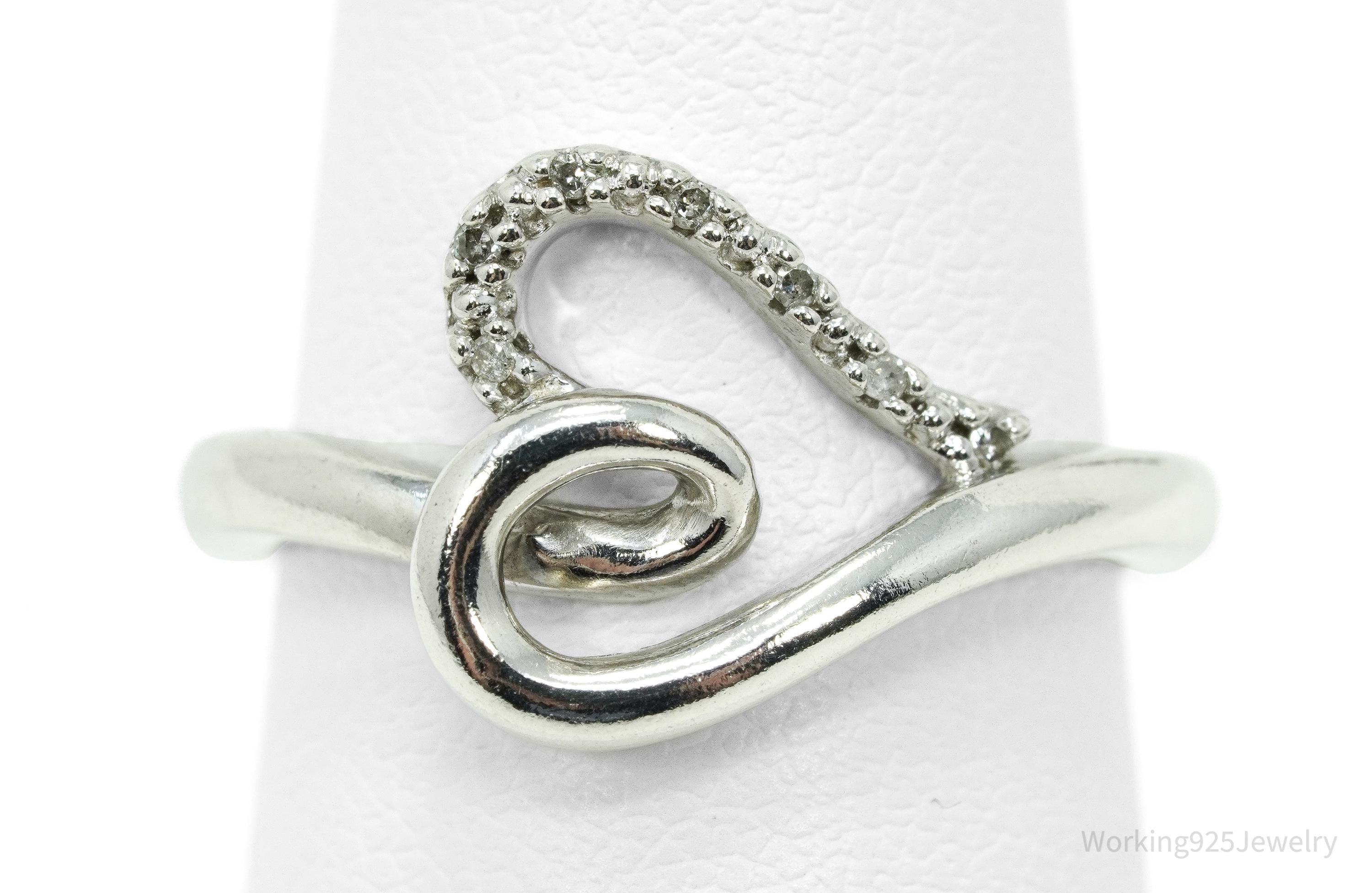 Vintage SUN White Diamond Heart Sterling Silver Ring - Size 6.75