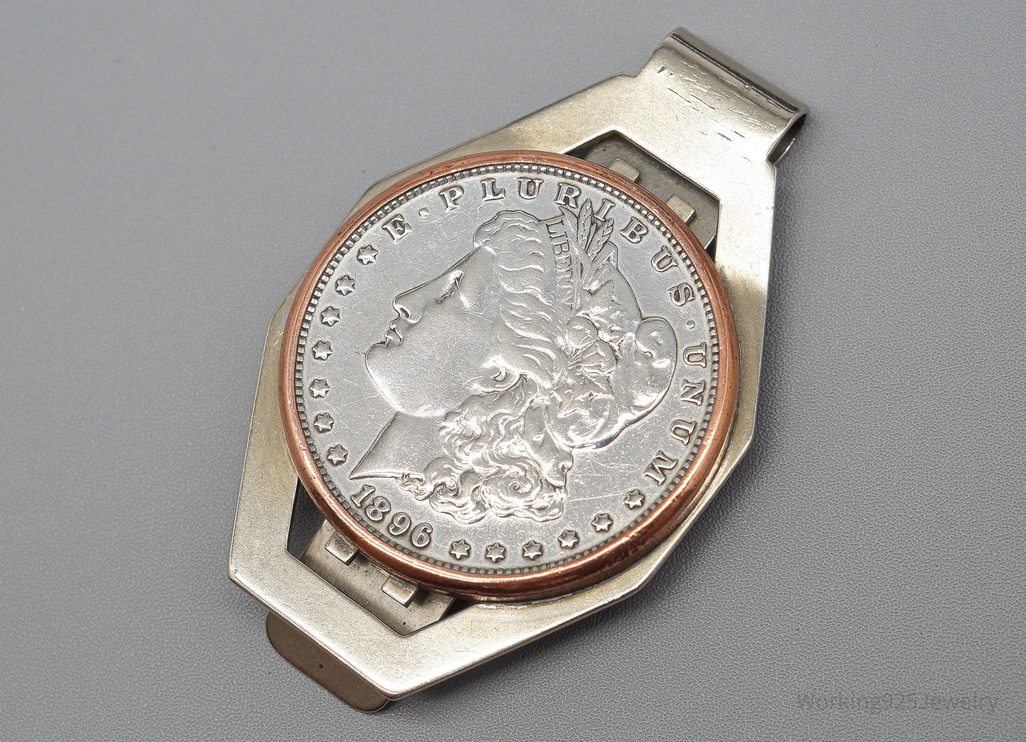 Antique 1896 Morgan Silver Dollar Coin Bell Trading Post Nickel Silver Money Clip