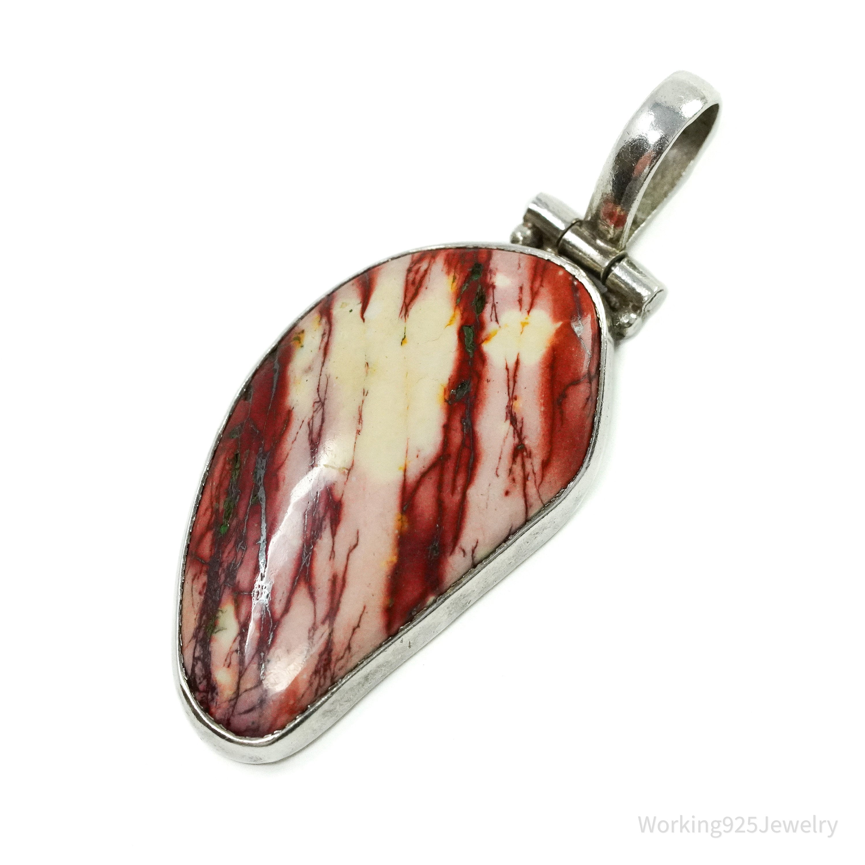 Vintage Large Red Snakeskin Jasper Sterling Silver Necklace Pendant