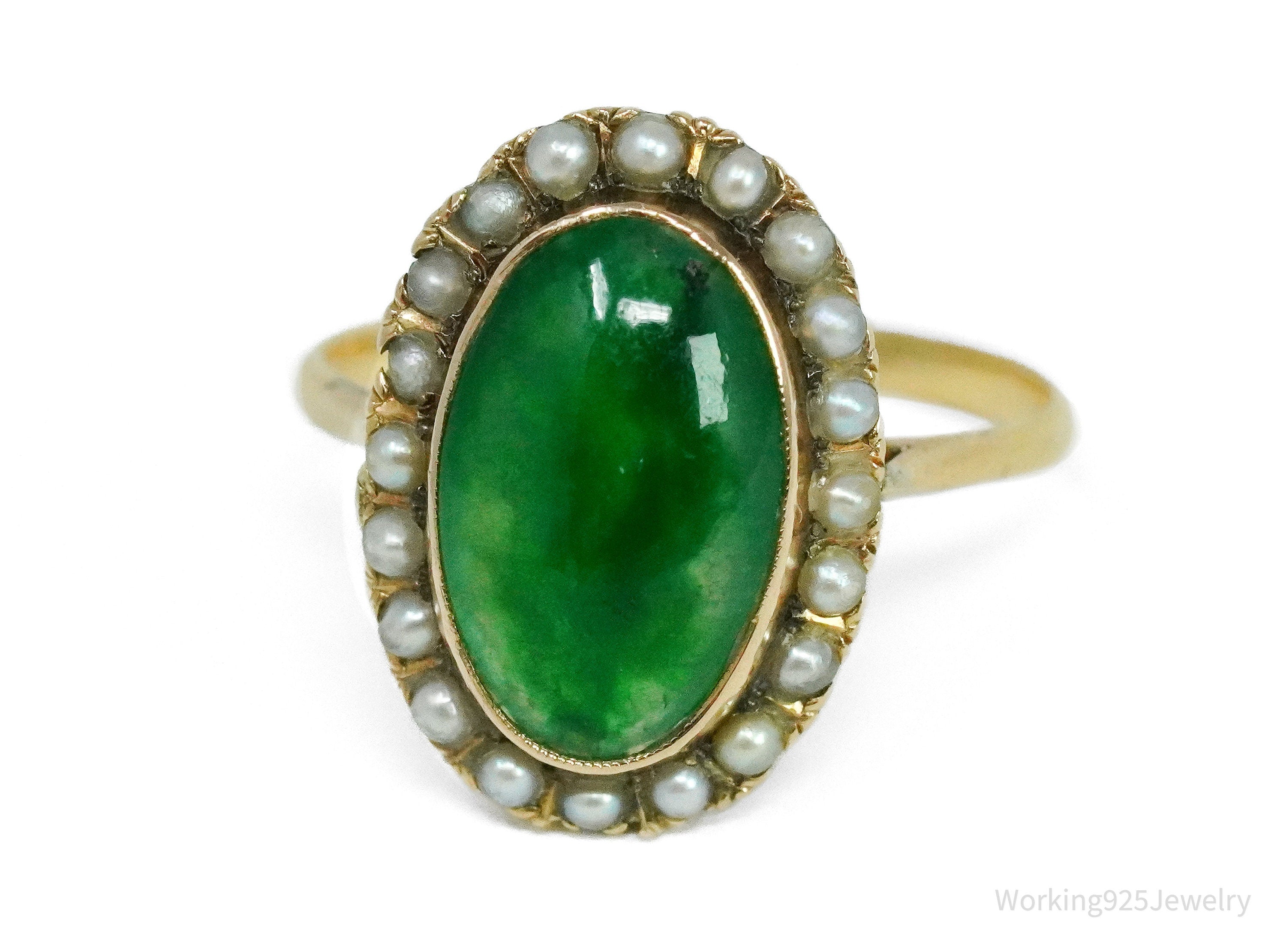 14K Yellow Gold Jadeite Jade Cabochon & Seed Pearls Ring - Size 4 1/2