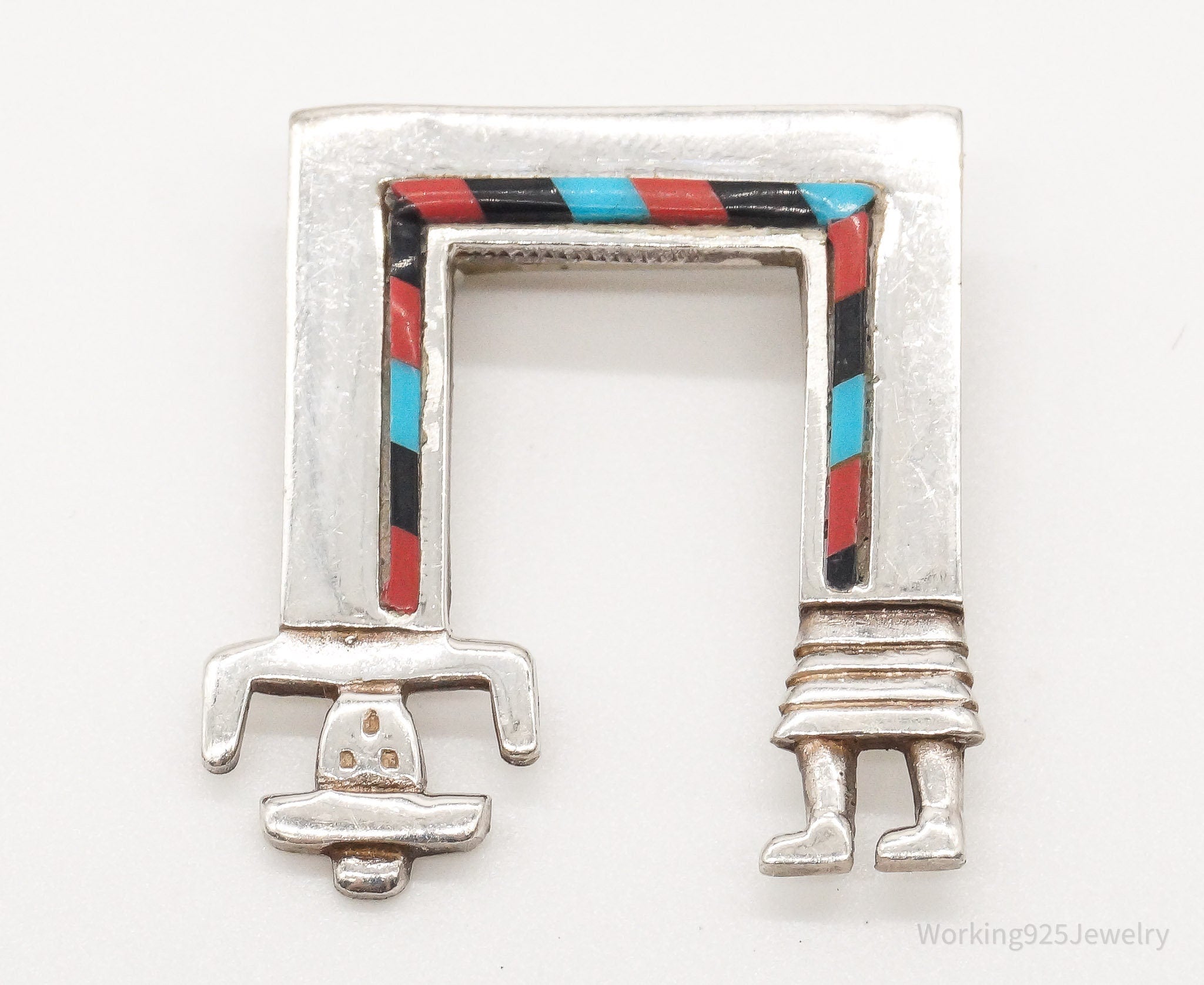Vintage Native American YEI Multi Gem Inlay Sterling Silver Brooch Pin