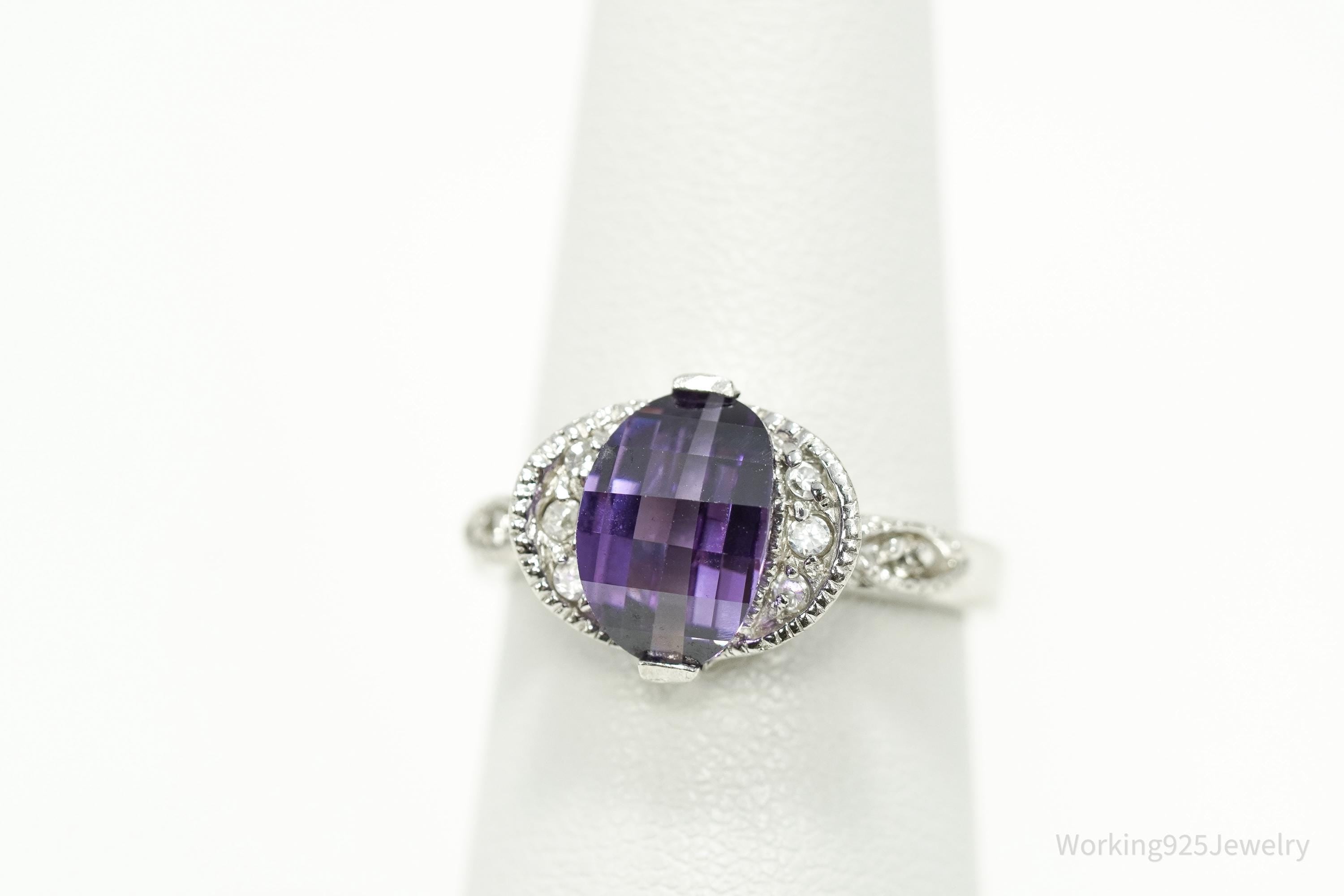 Vintage Amethyst & Cubic Zirconia Sterling Silver Ring - Size 6.5