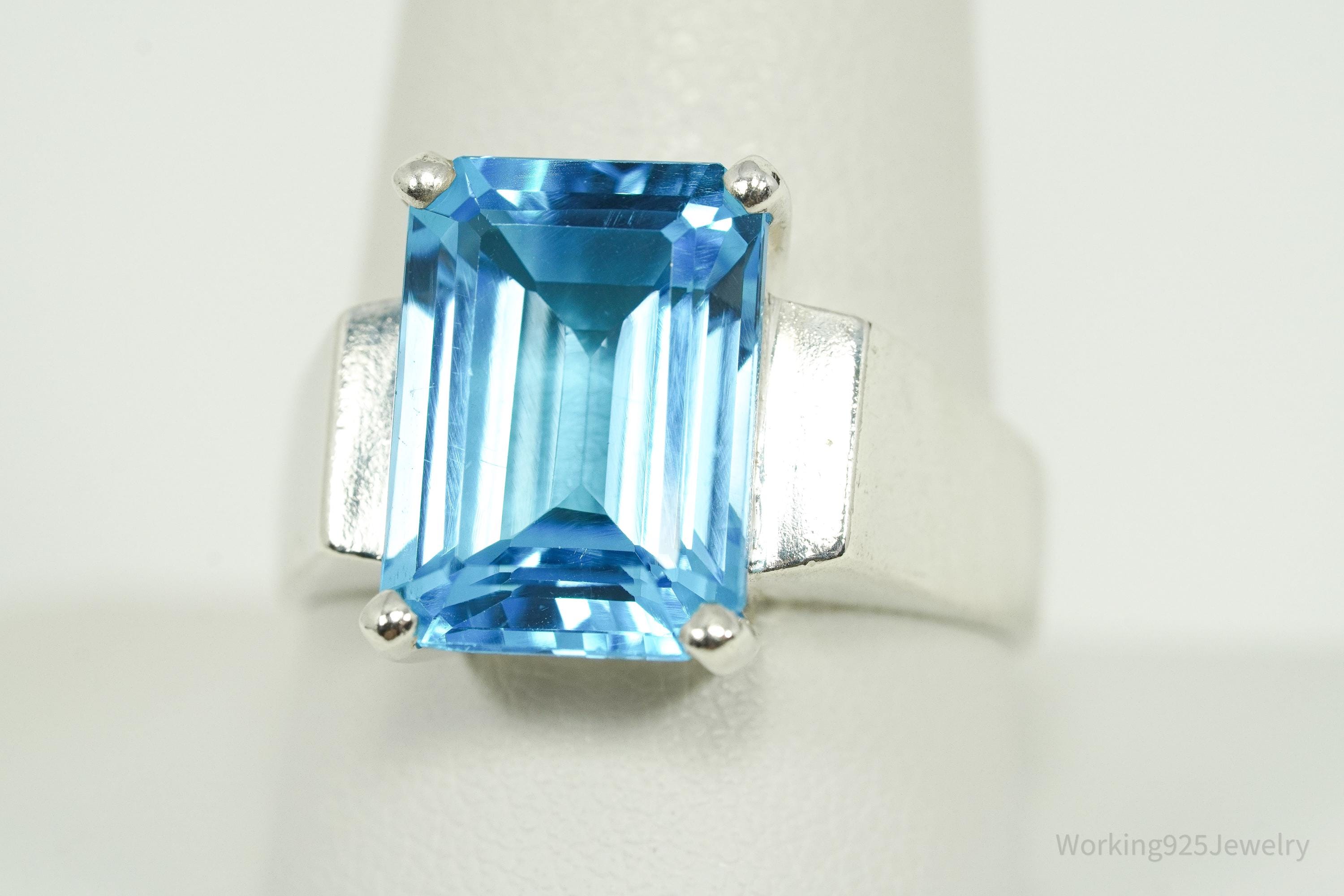 Vintage Large Blue Topaz Sterling Silver Ring - Size 10