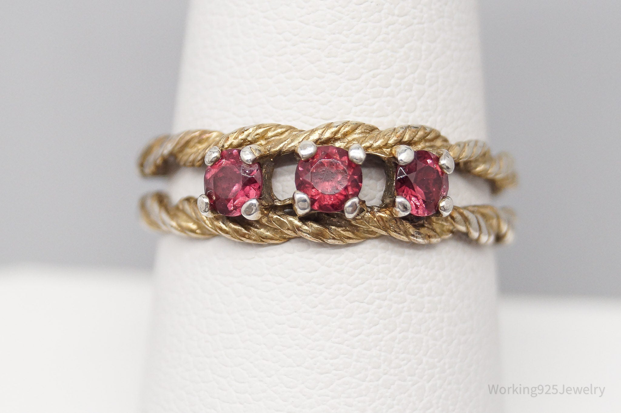 Vintage Deep Pink Tourmaline Gold Washed Sterling Silver Ring - Size 8.25