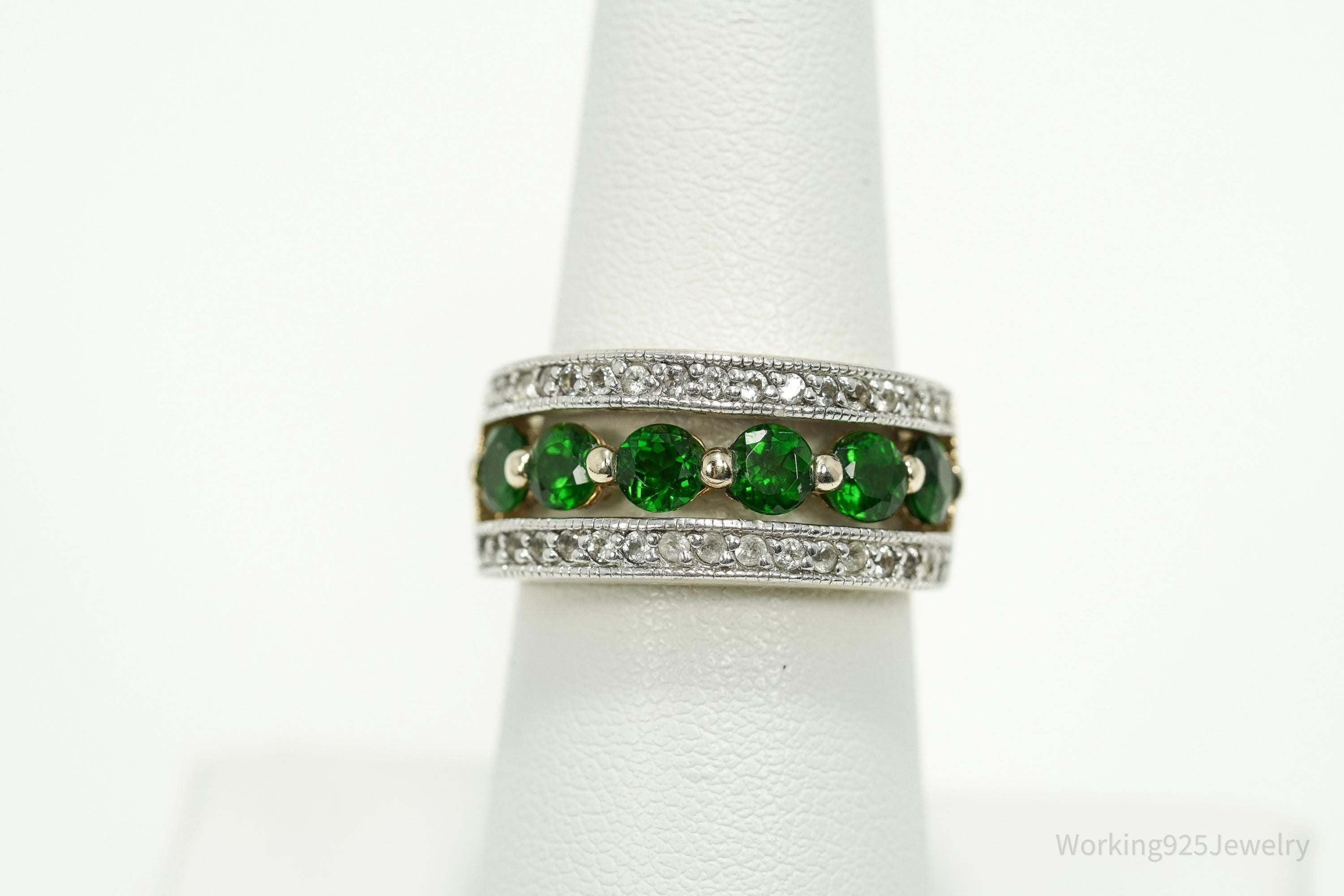 Vintage Green Chrome Diopside & White Topaz Gold Over Sterling Silver Ring - Size 6.75