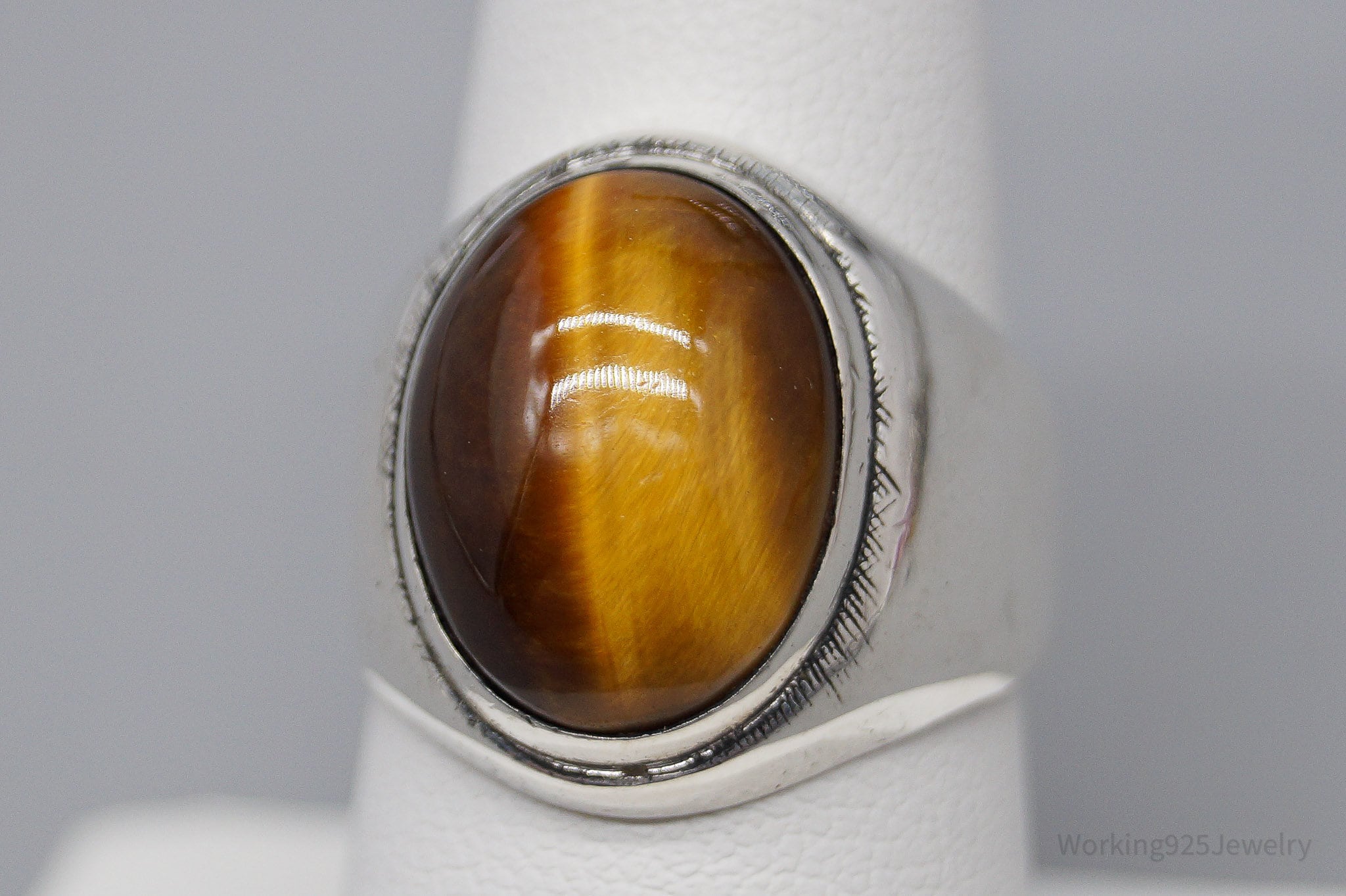 Antique Large Tigers Eye Sterling Silver Ring - Size 8