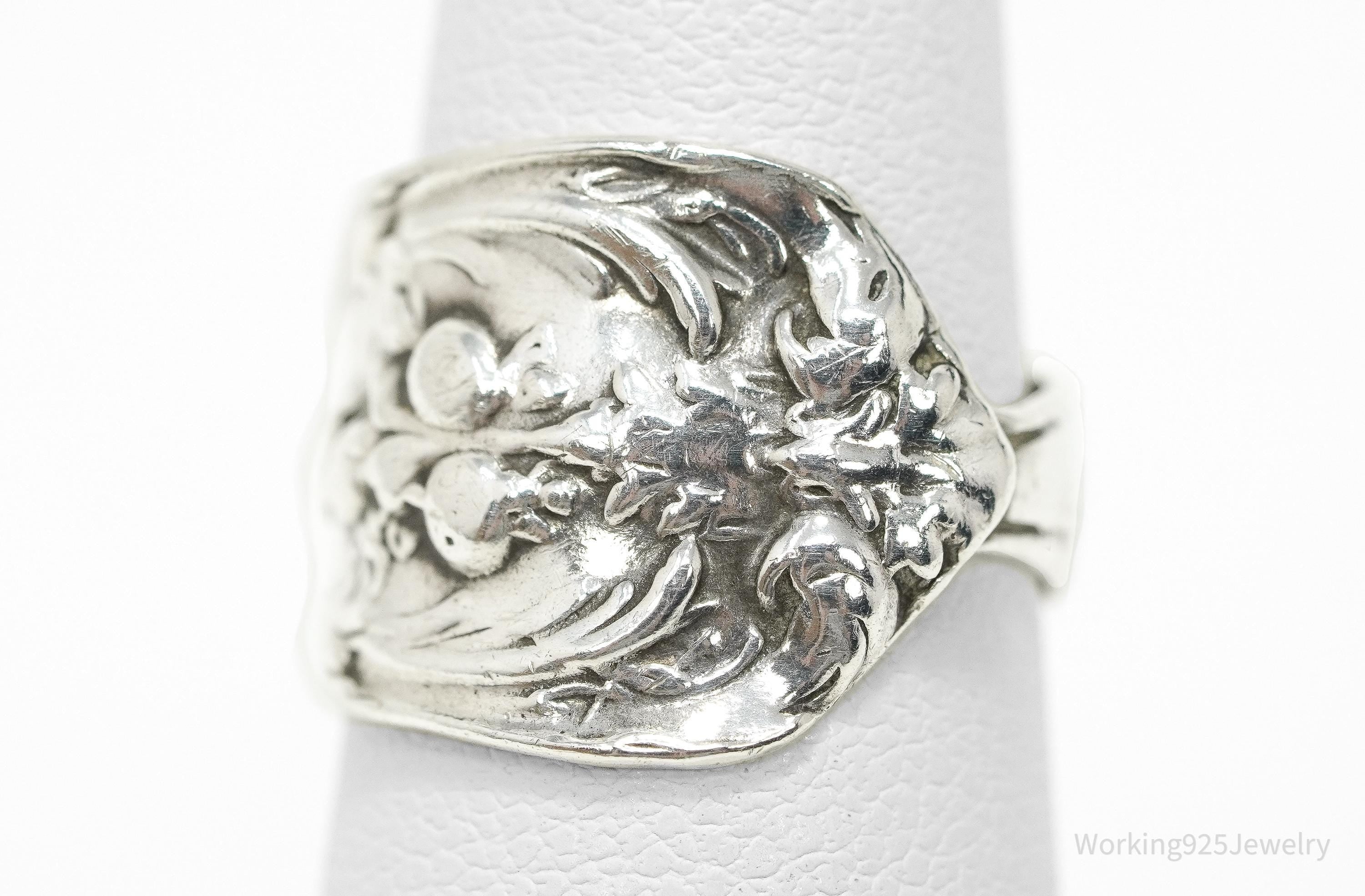 Antique Floral Sterling Silver Spoon Ring - Size 5.25