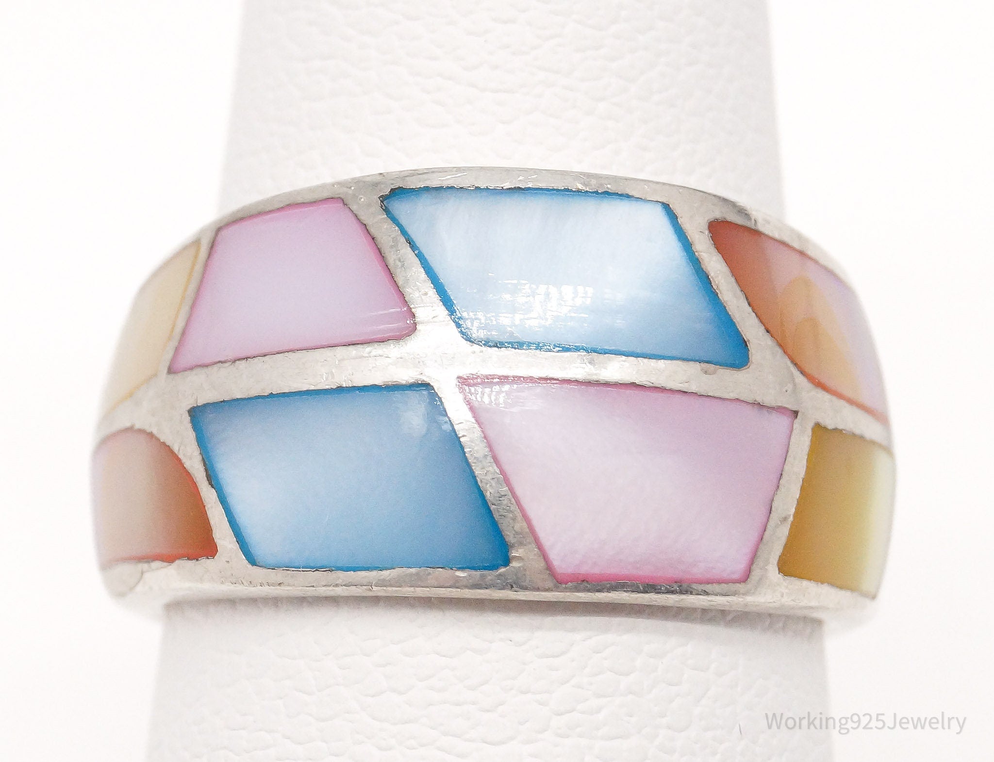Vintage Multi Color Mother Of Pearl Inlay Sterling Silver Ring - Size 5.5