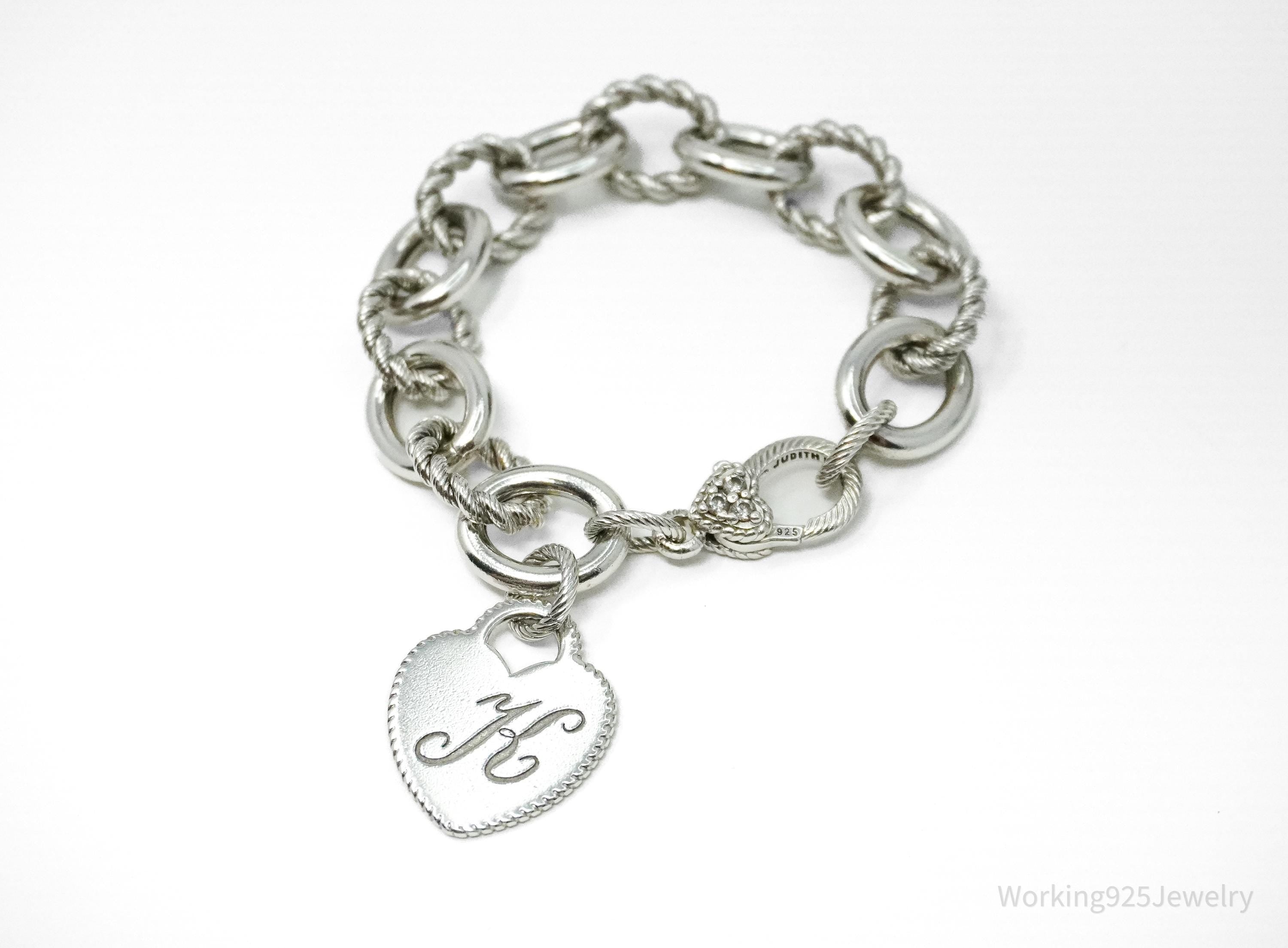 VTG Designer Judith Ripka Cubic Zirconia K Heart Tag Sterling Silver Bracelet 7 5/8"