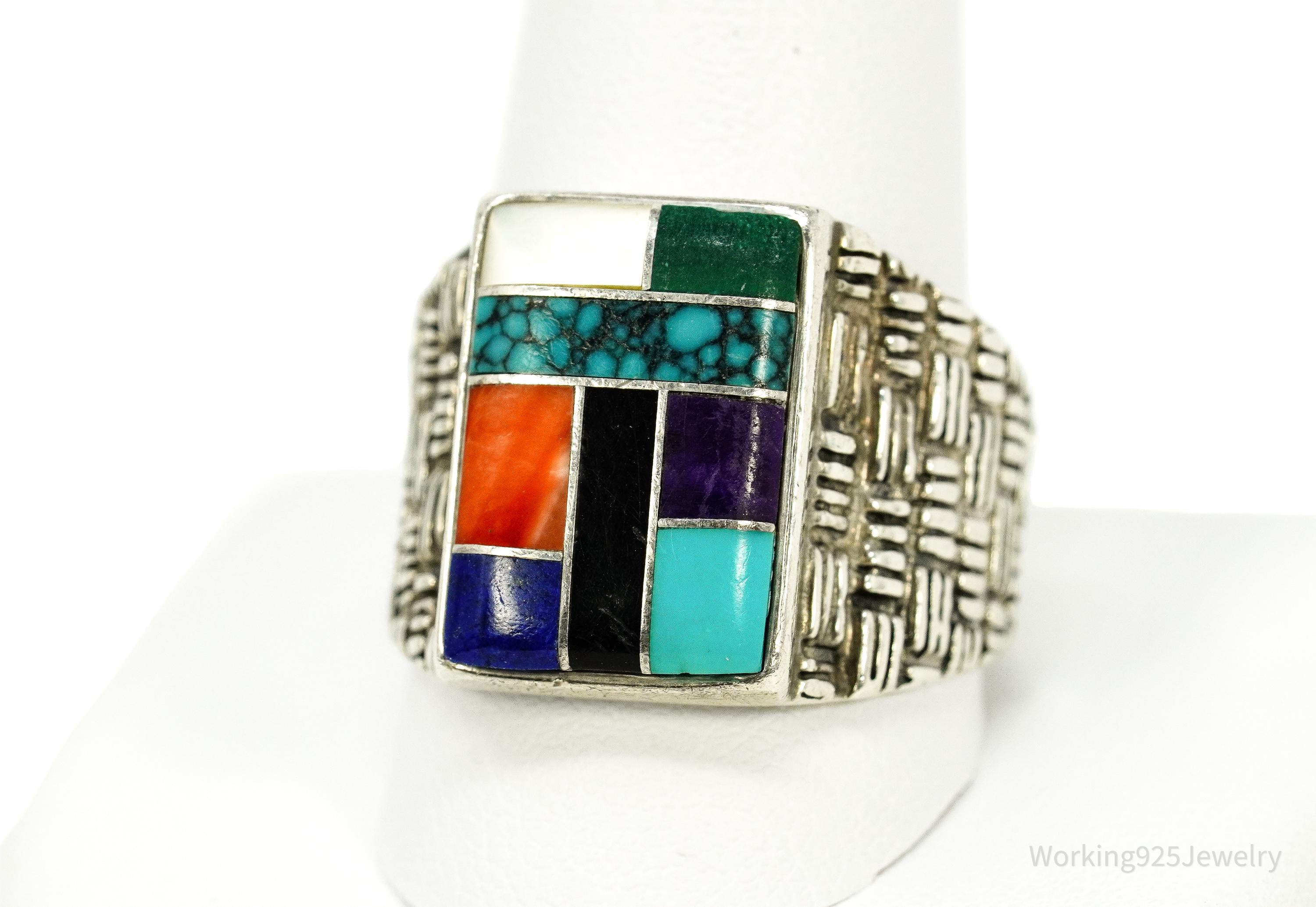 Vintage Native American Multi Gemstone Inlay Sterling Silver Ring - Size 12