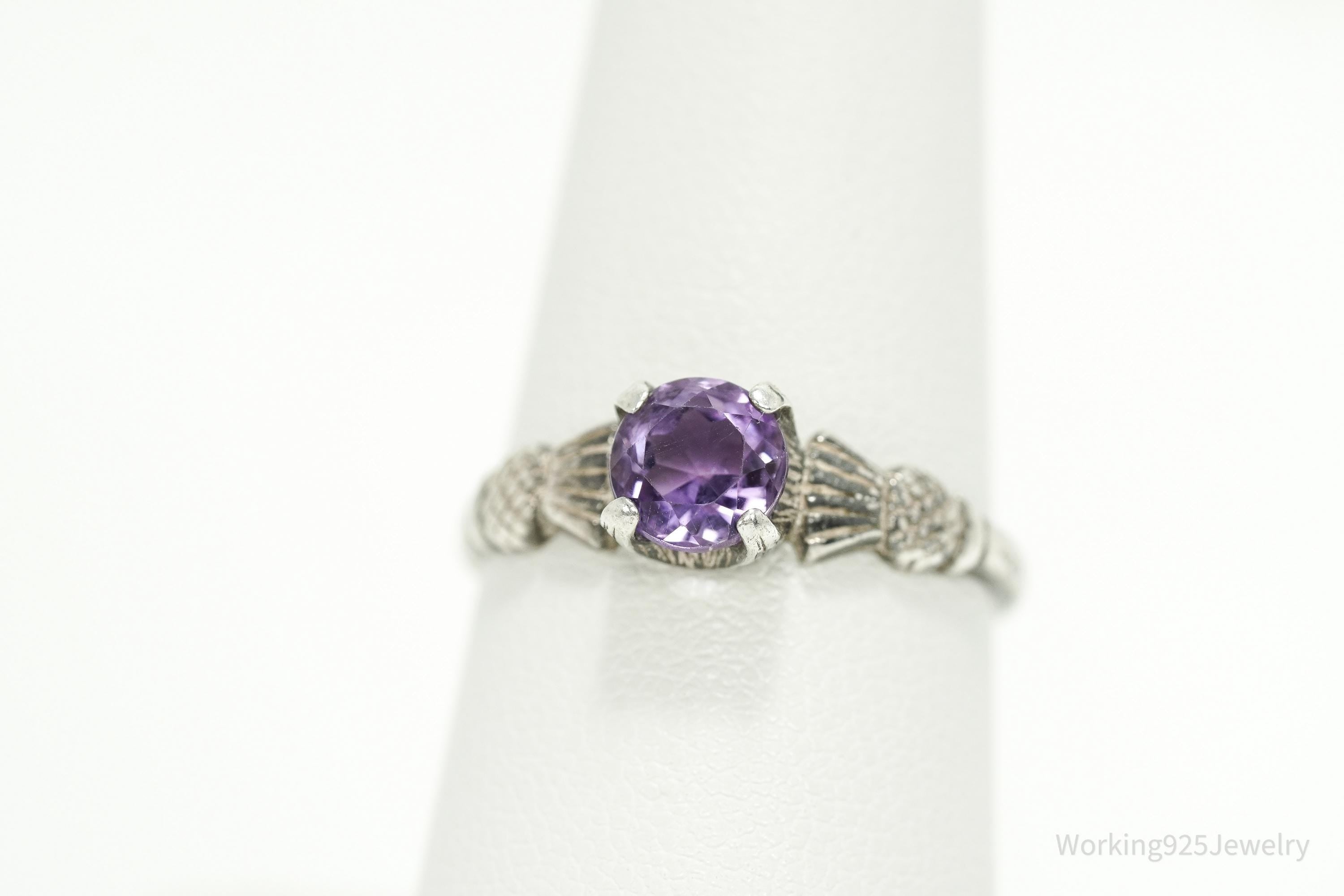Vintage Amethyst Scottish Thistle Sterling Silver Ring - Size 7