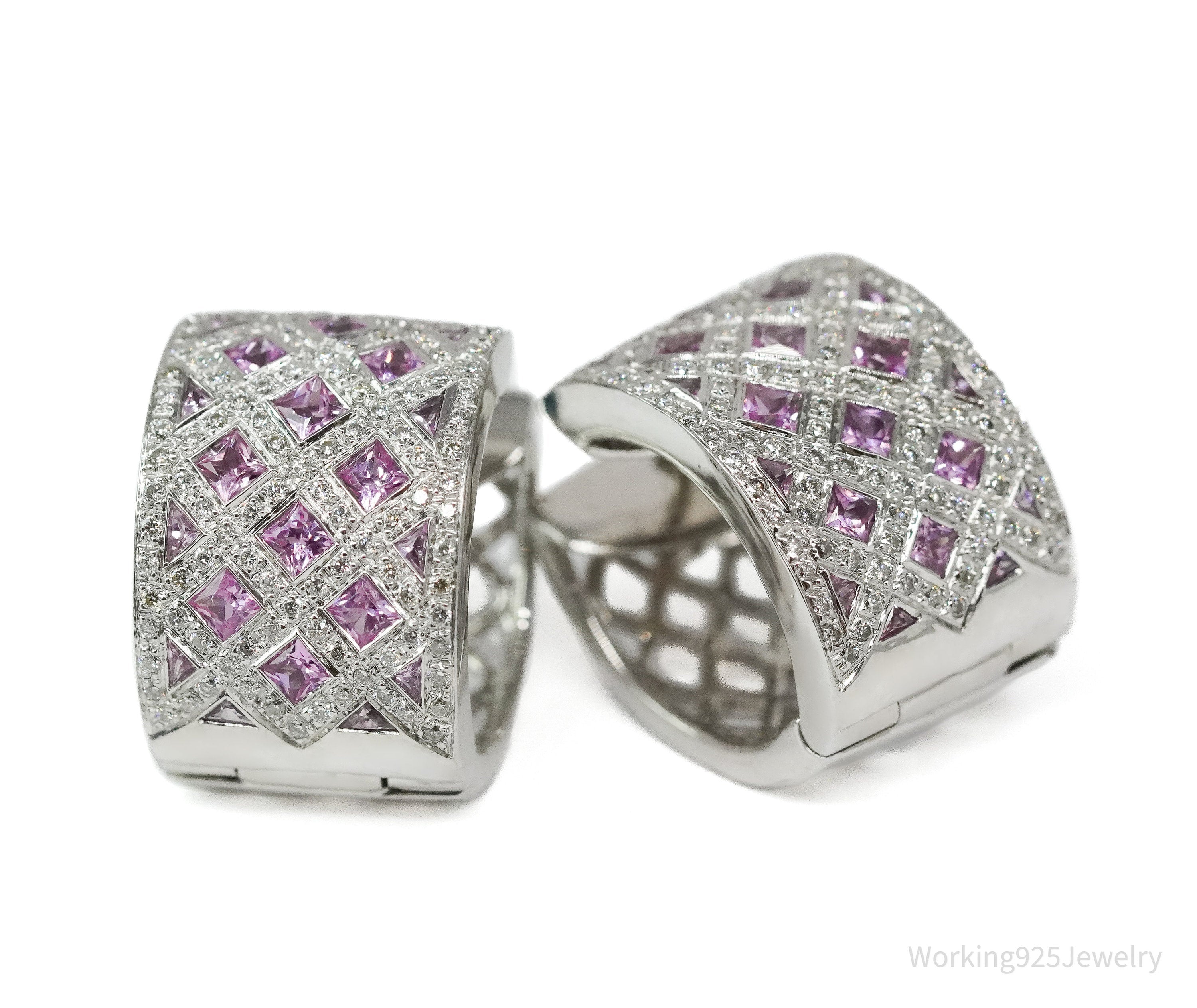 14K White Gold, Diamonds, & Pink Sapphires Earrings