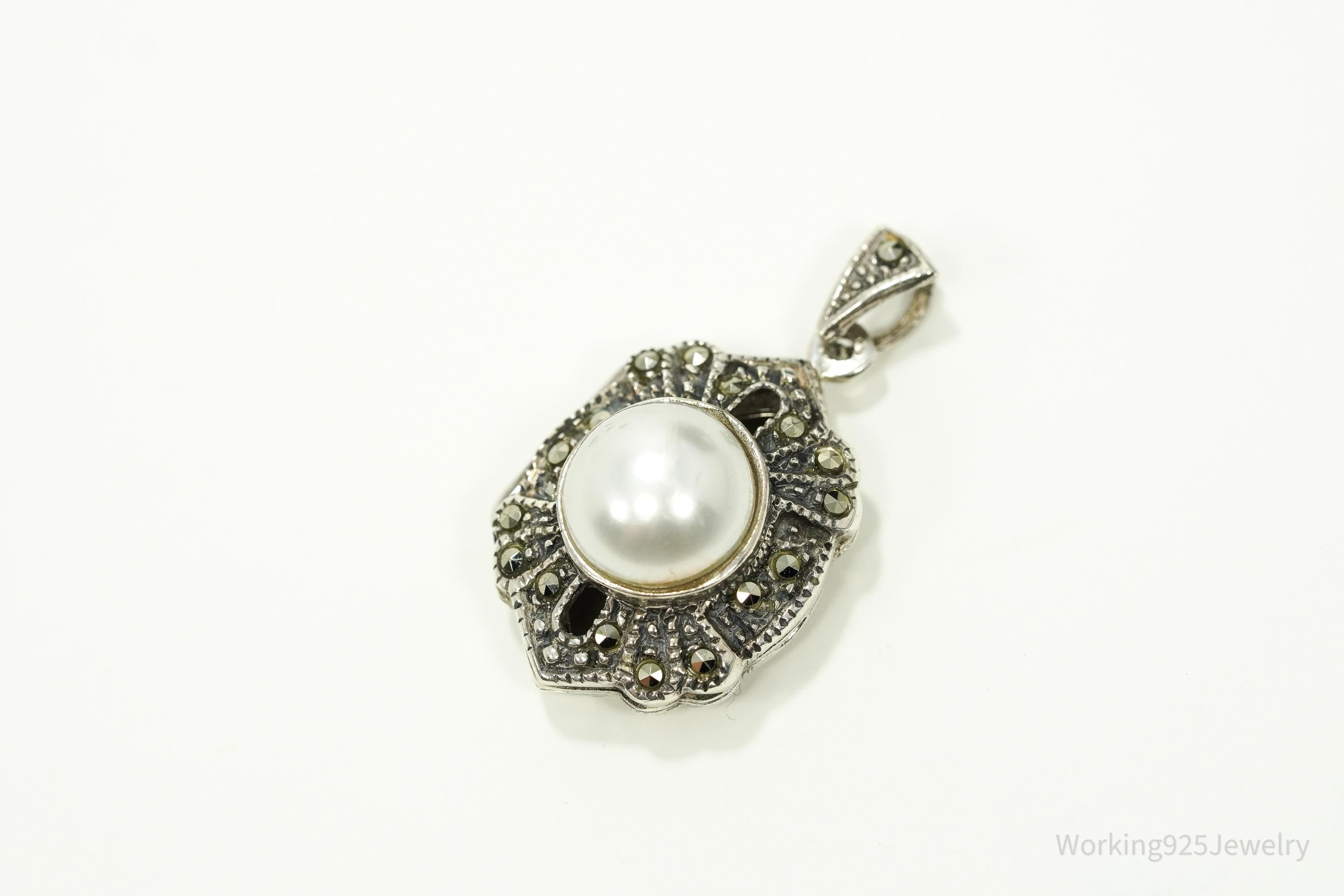 Vintage Pearl & Marcasite Art Deco Locket Sterling Silver Pendant