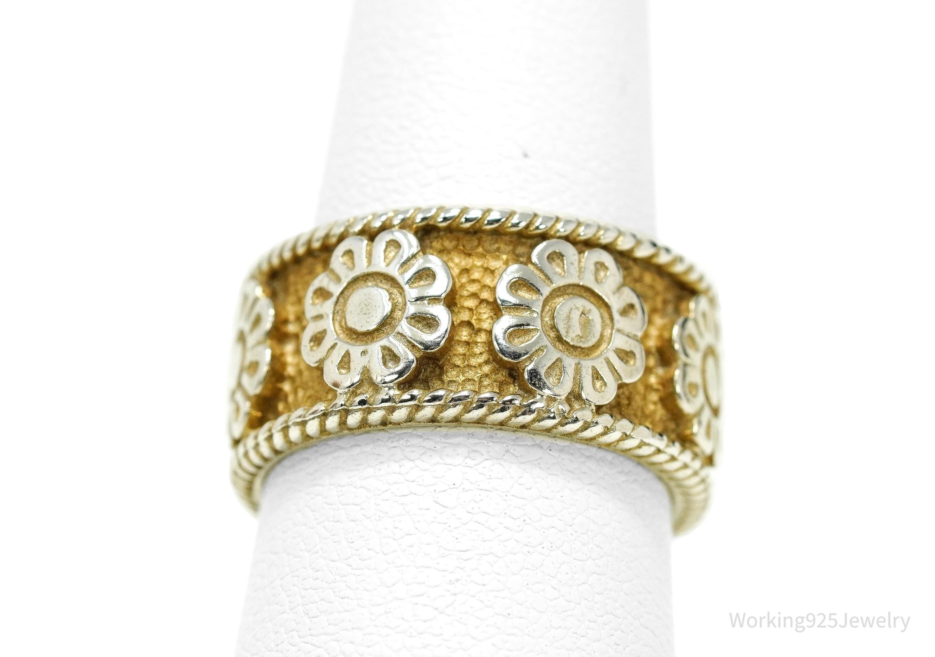 Vintage Floral Pattern Gold Vermeil Sterling Silver Band Ring - Size 7